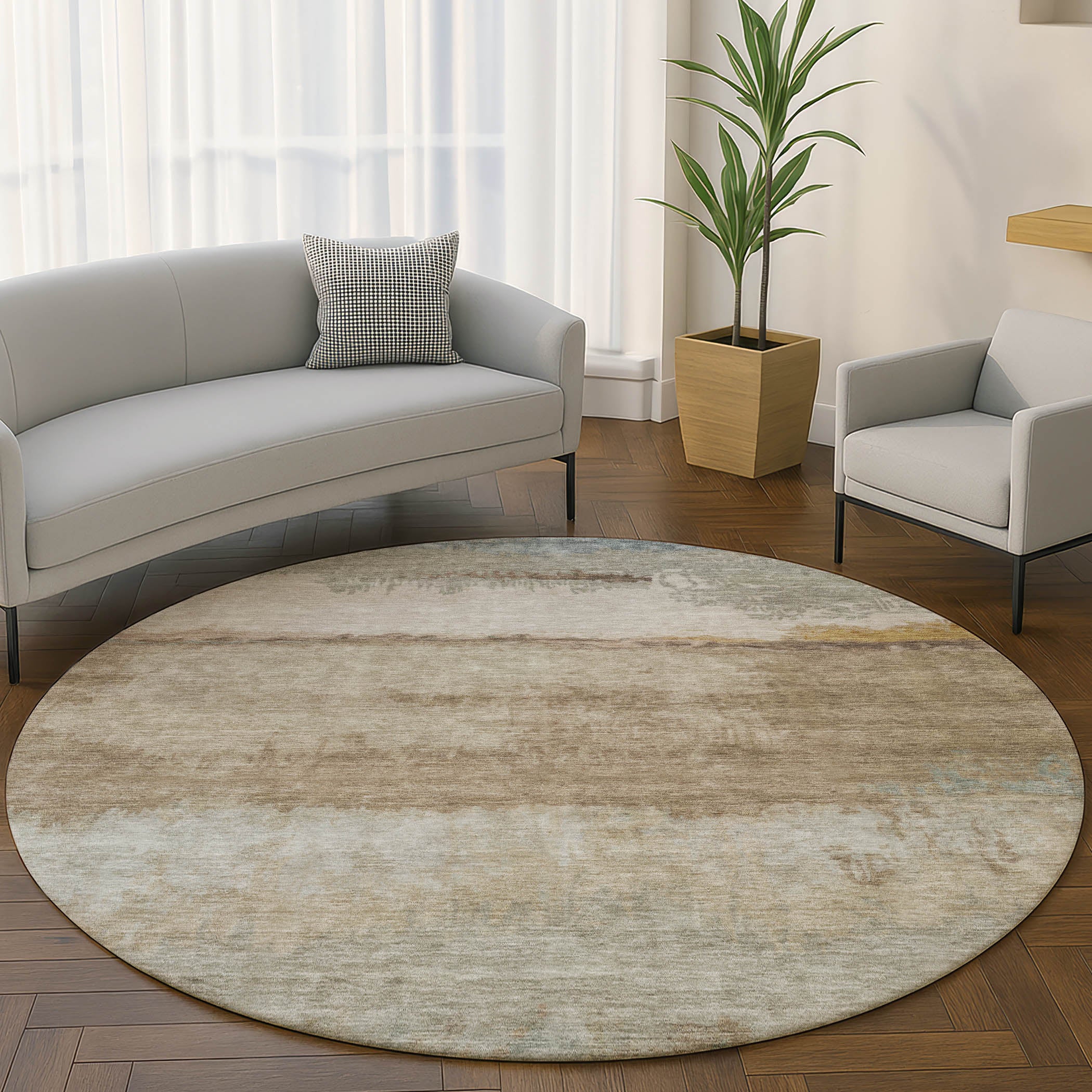 Lisbon Machine Washable Transitional Beige Brown Rug 8' x 8' #shape_Round