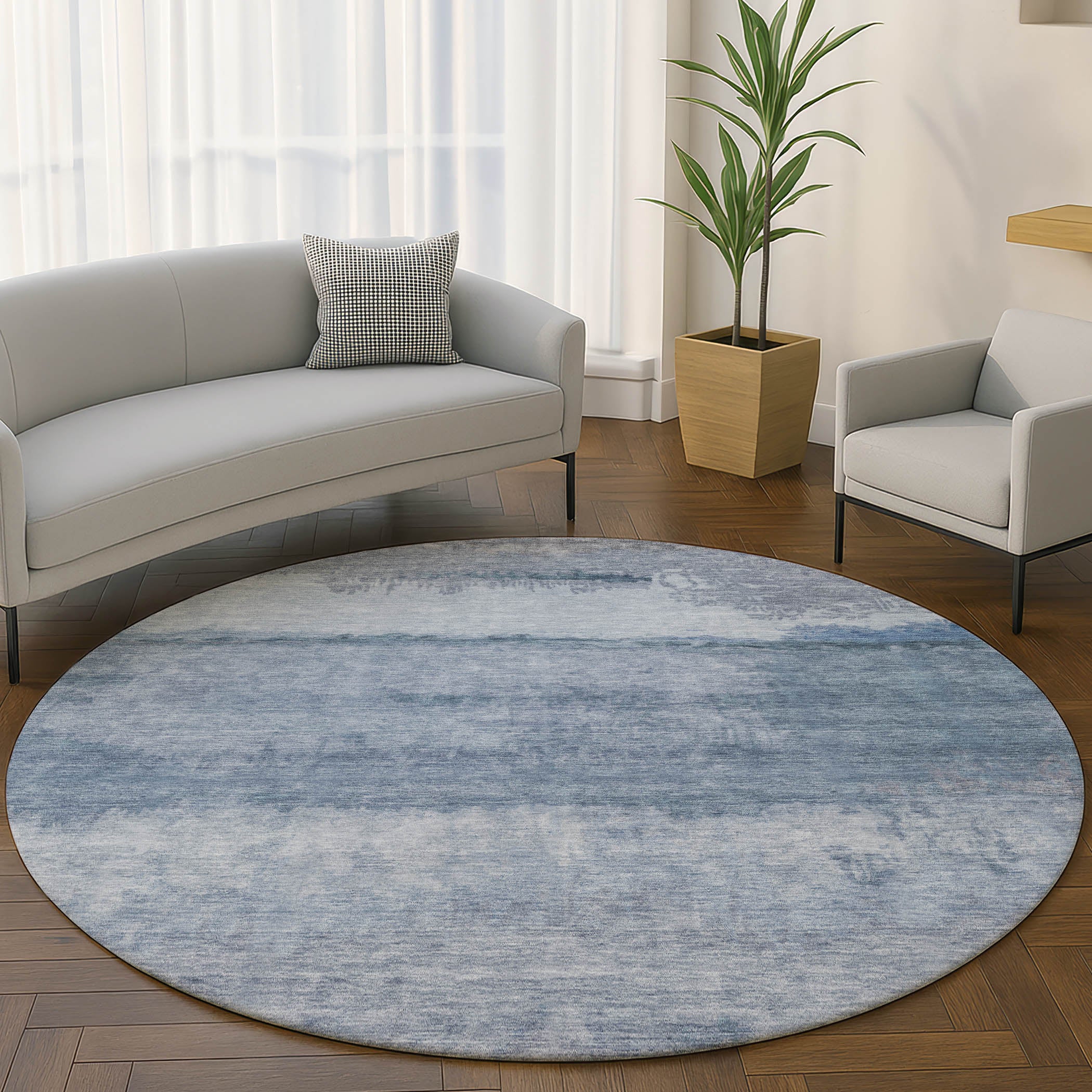 Lisbon Machine Washable Transitional Blue Rug 8' x 8' #shape_Round