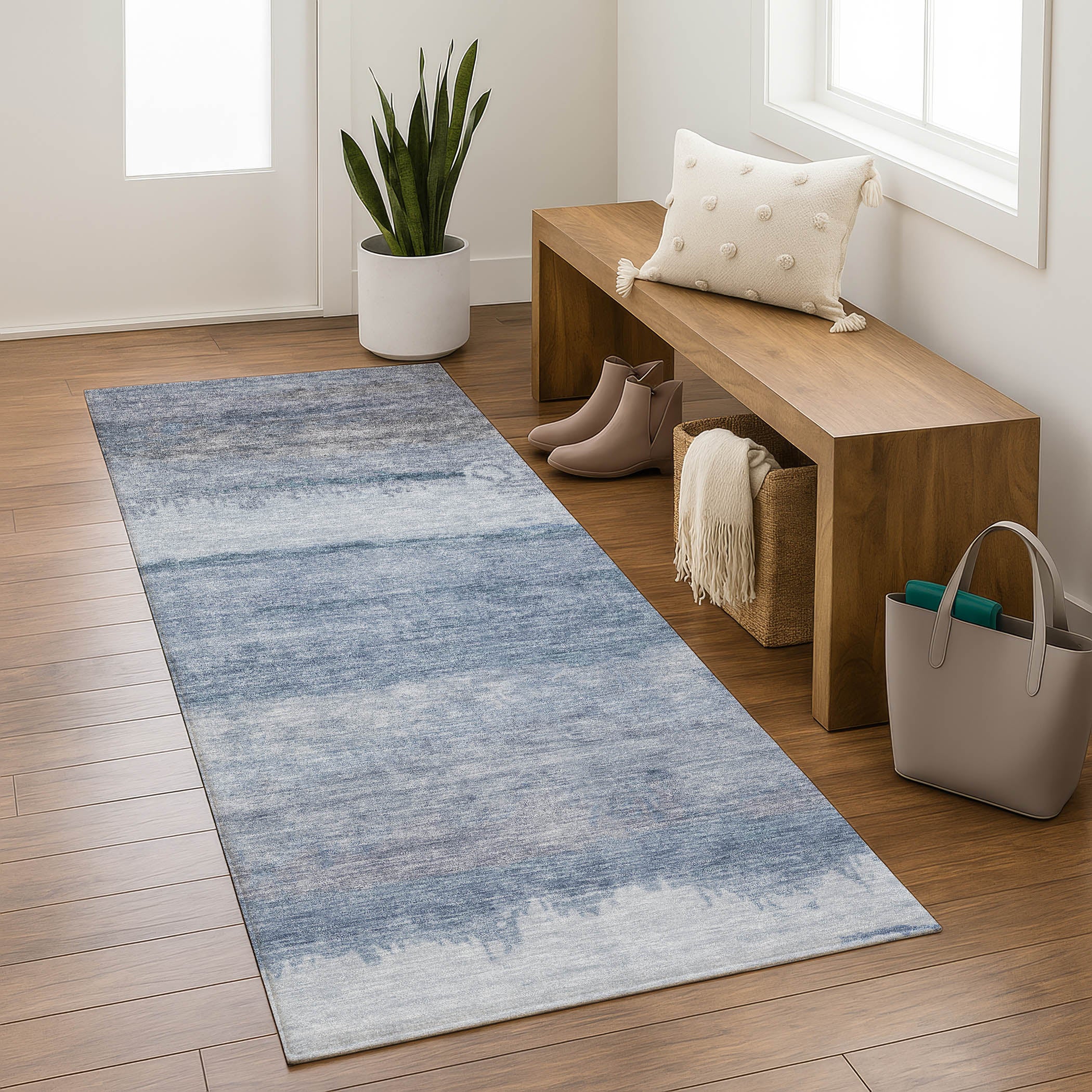 Lisbon Machine Washable Transitional Blue Rug 2'3" x 7'6" #shape_Runner