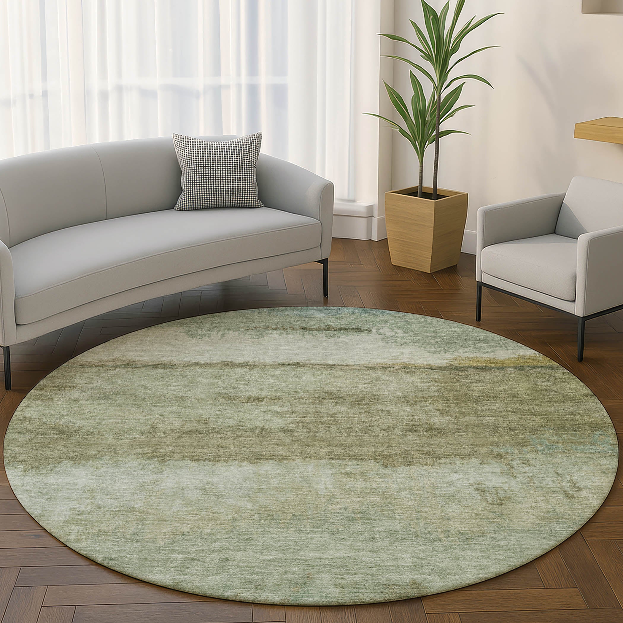 Lisbon Machine Washable Transitional Green Rug 8' x 8' #shape_Round