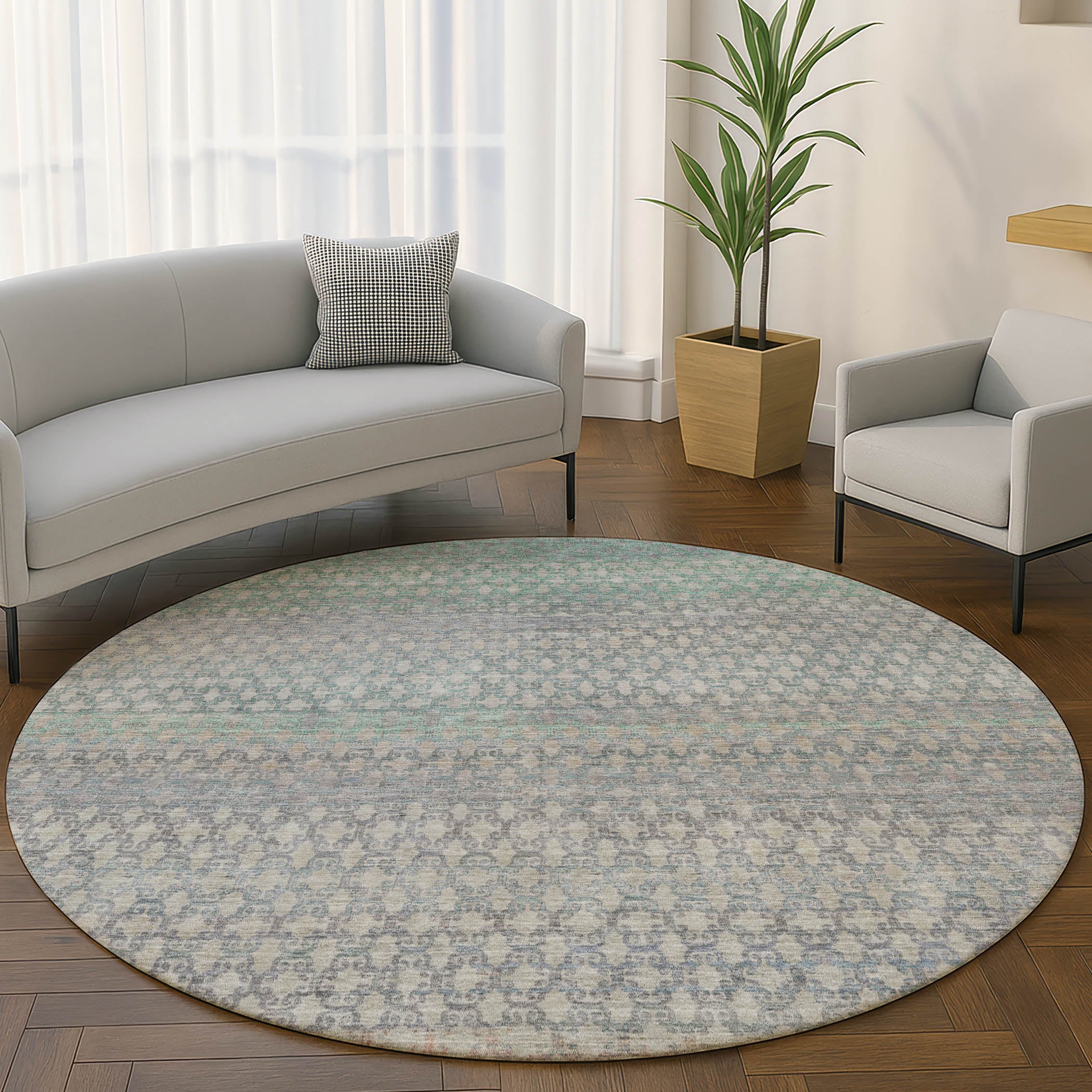 Bangkok Machine Washable Transitional Beige Brown Rug 8' x 8' #shape_Round