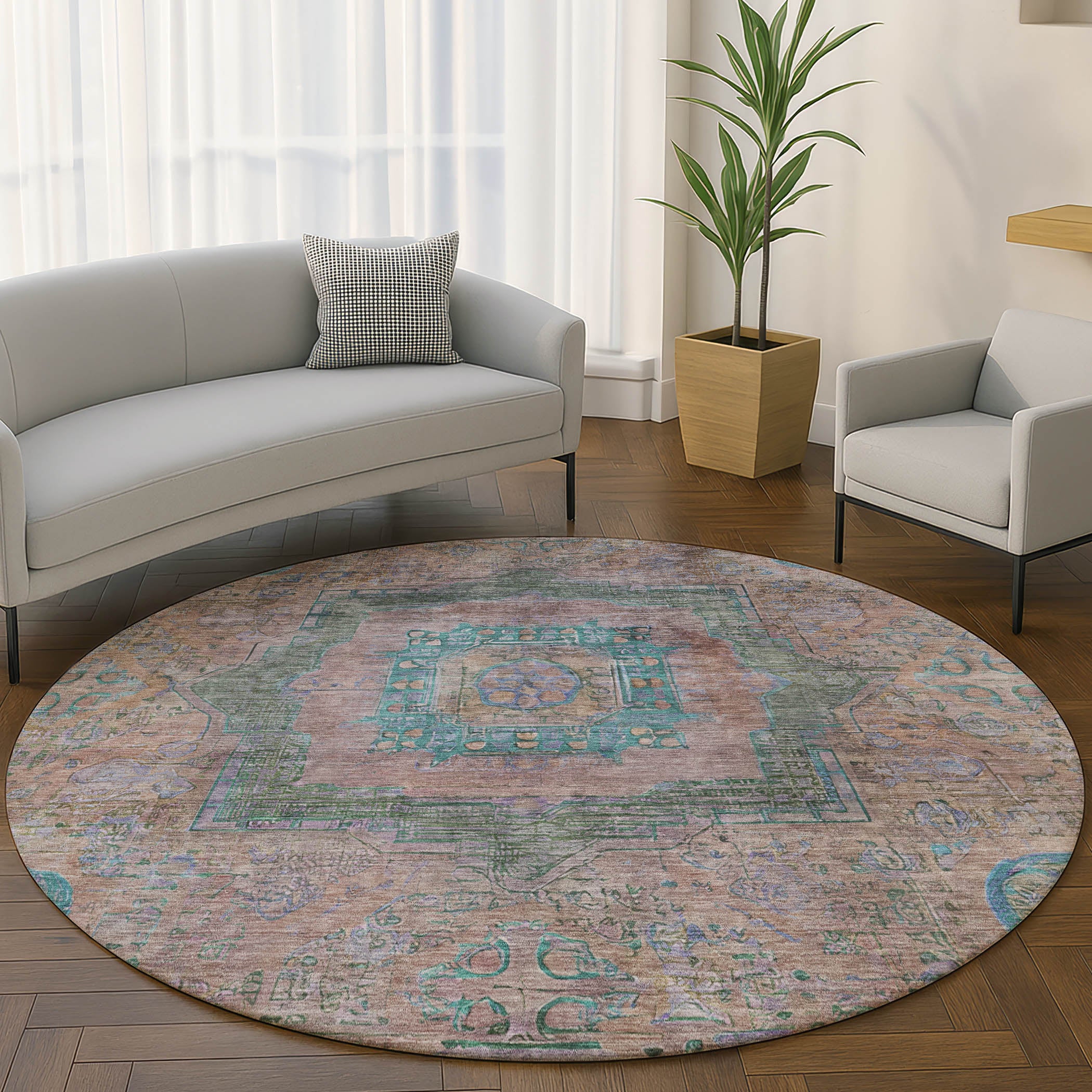 Rome Machine Washable Traditional Copper Orange Rug 8' x 8' #shape_Round