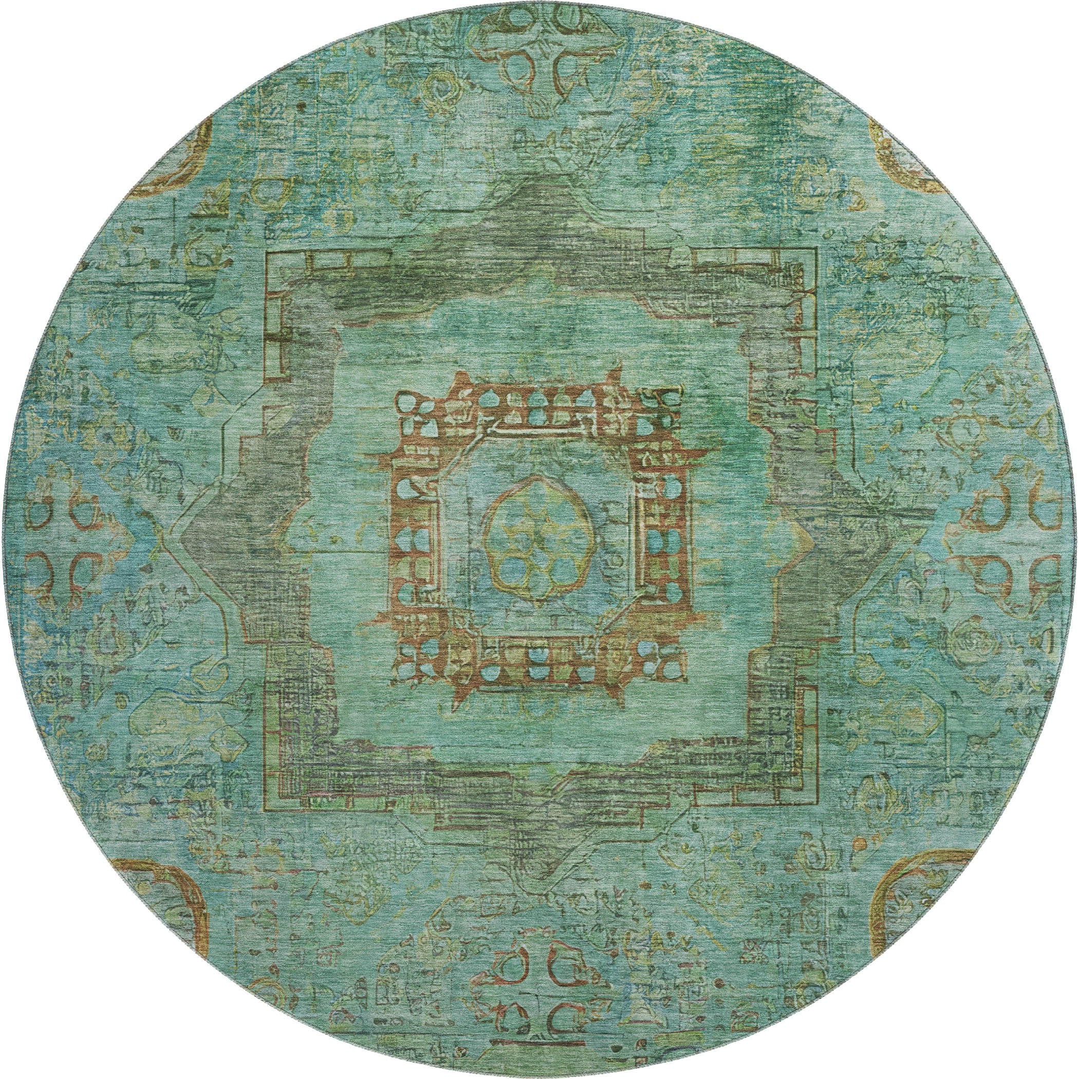 Rome Machine Washable Traditional Green Rug 8' x 8' #shape_Round