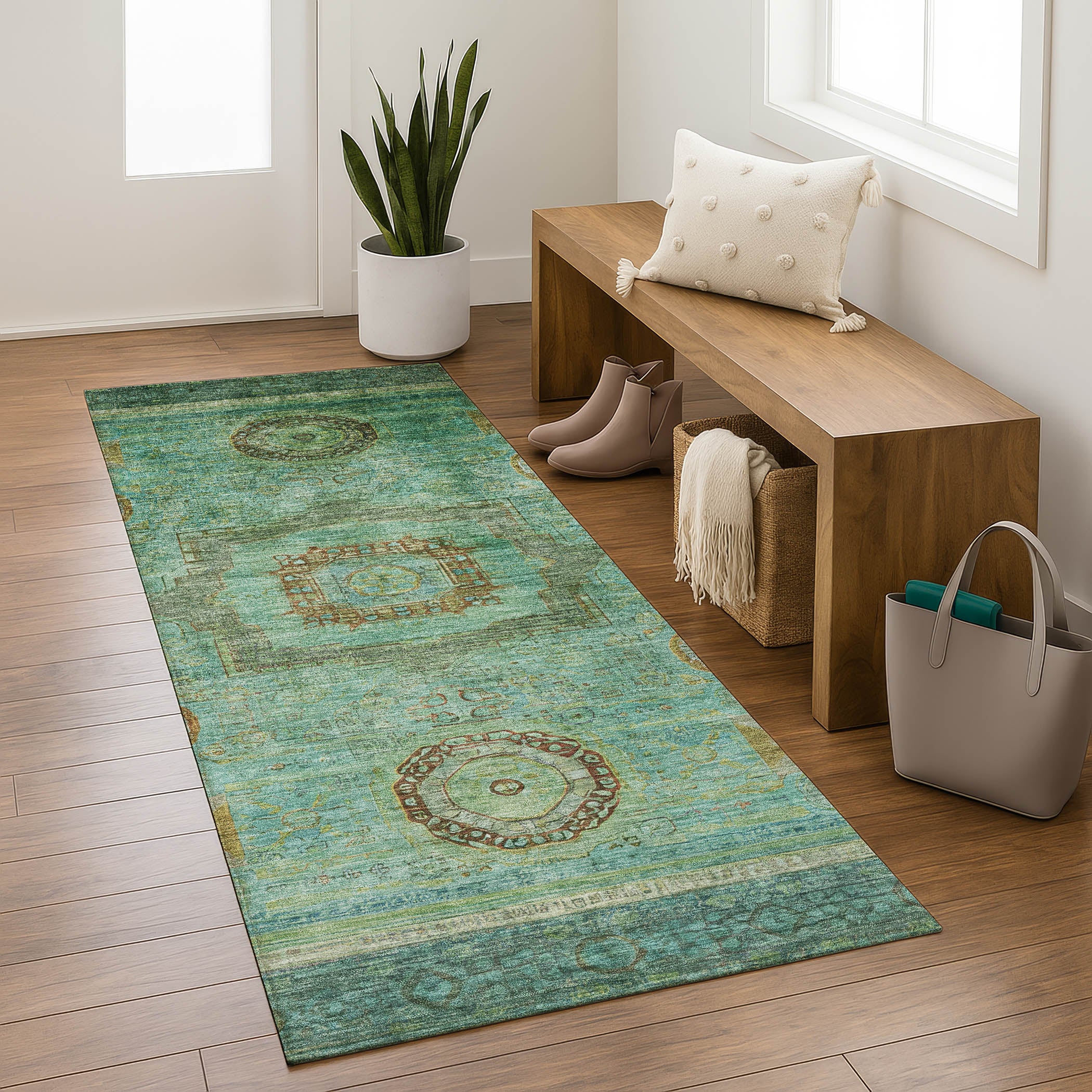 Rome Machine Washable Traditional Green Rug 2'3" x 7'6" #shape_Runner