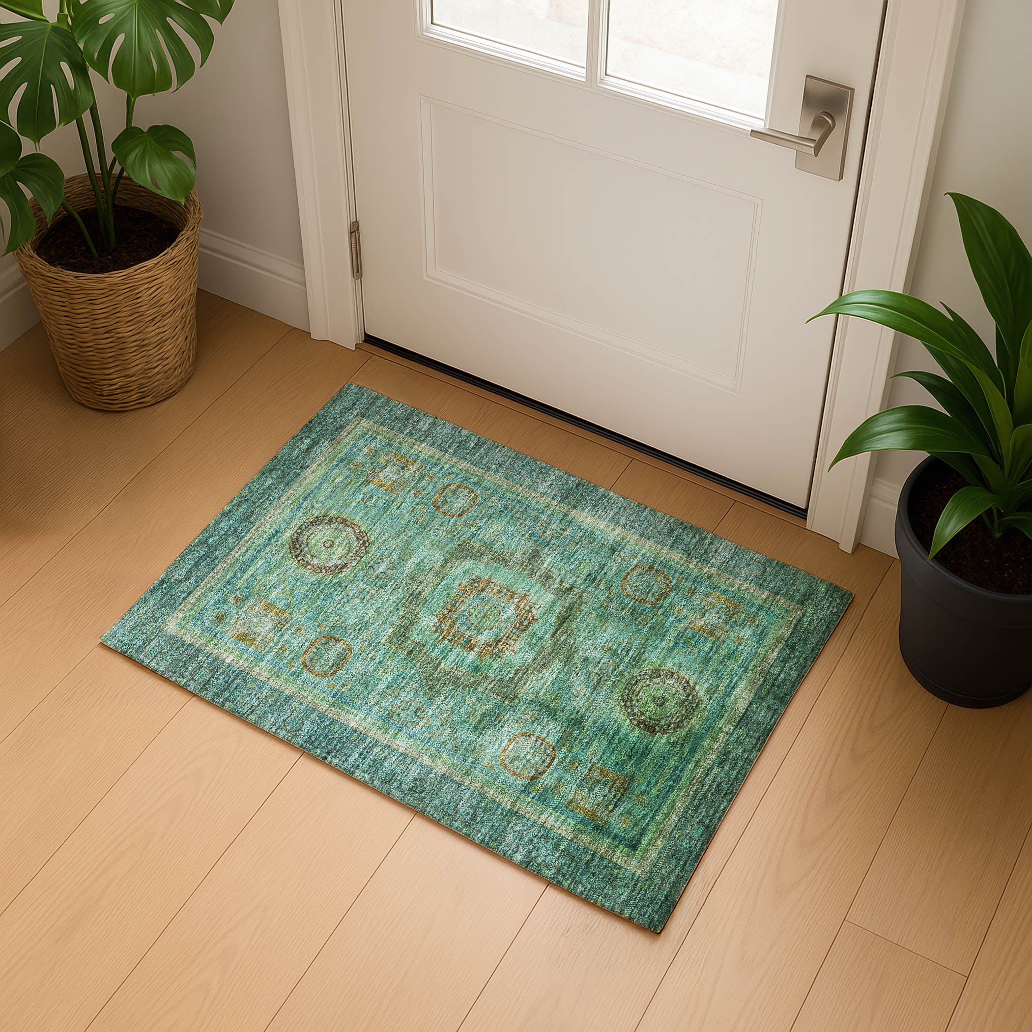 Rome Machine Washable Traditional Green Rug 1'8" x 2'6" #shape_Rectangle