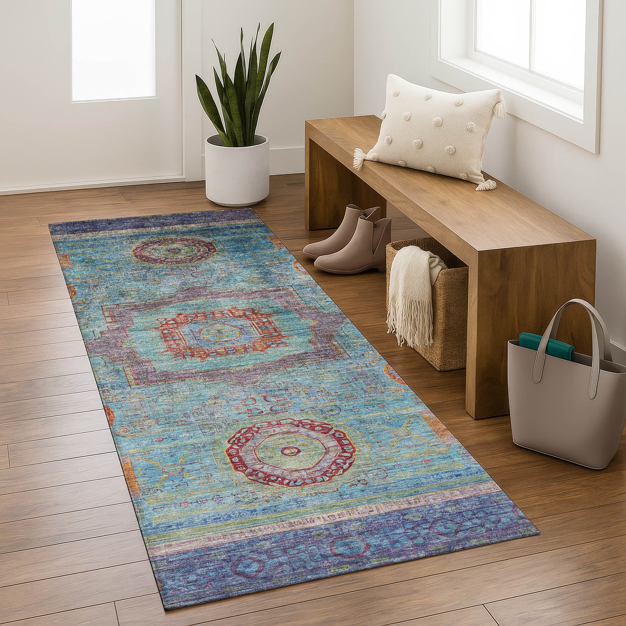 Rome Machine Washable Traditional Teal Rug 2'3" x 7'6" #shape_Runner