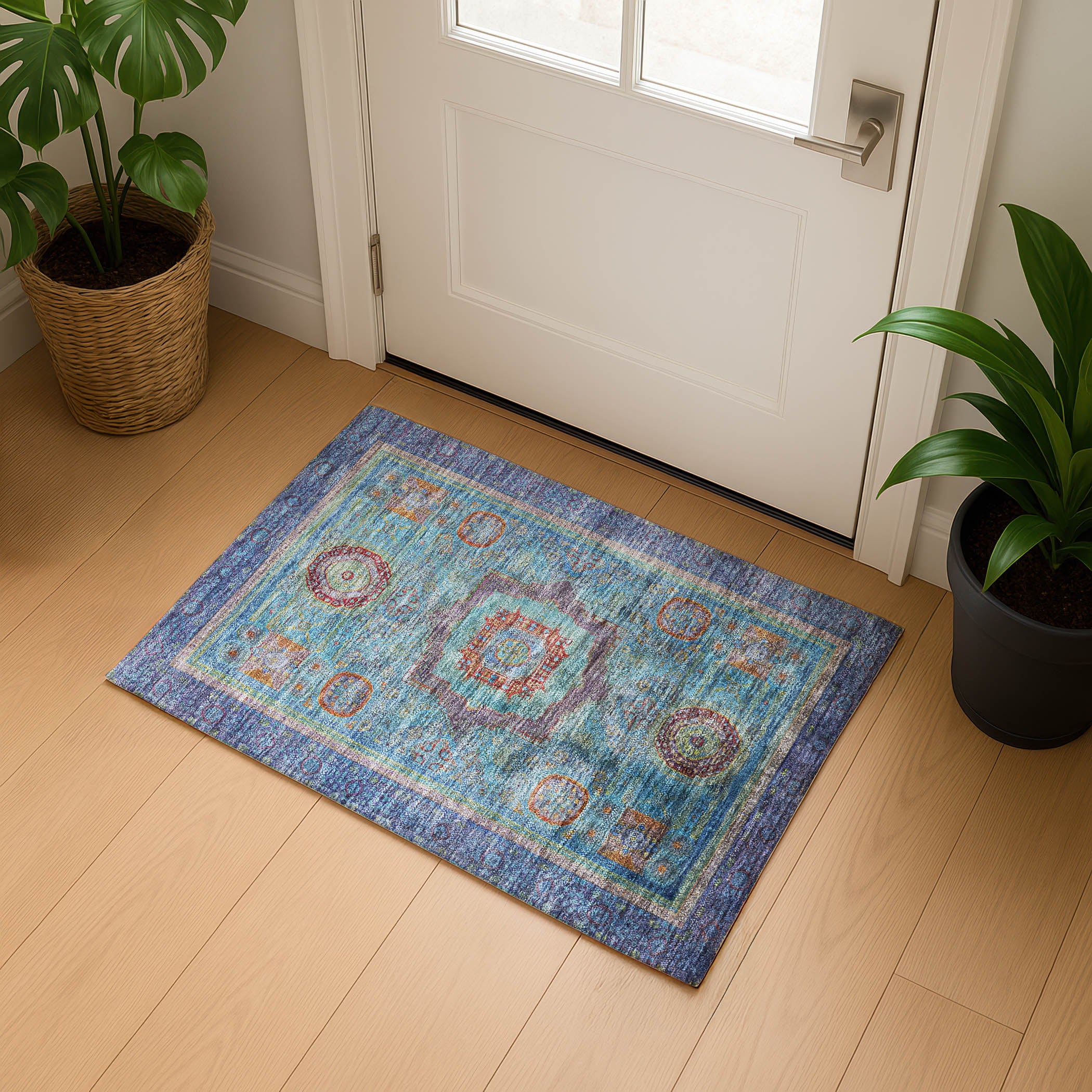Rome Machine Washable Traditional Teal Rug 1'8" x 2'6" #shape_Rectangle