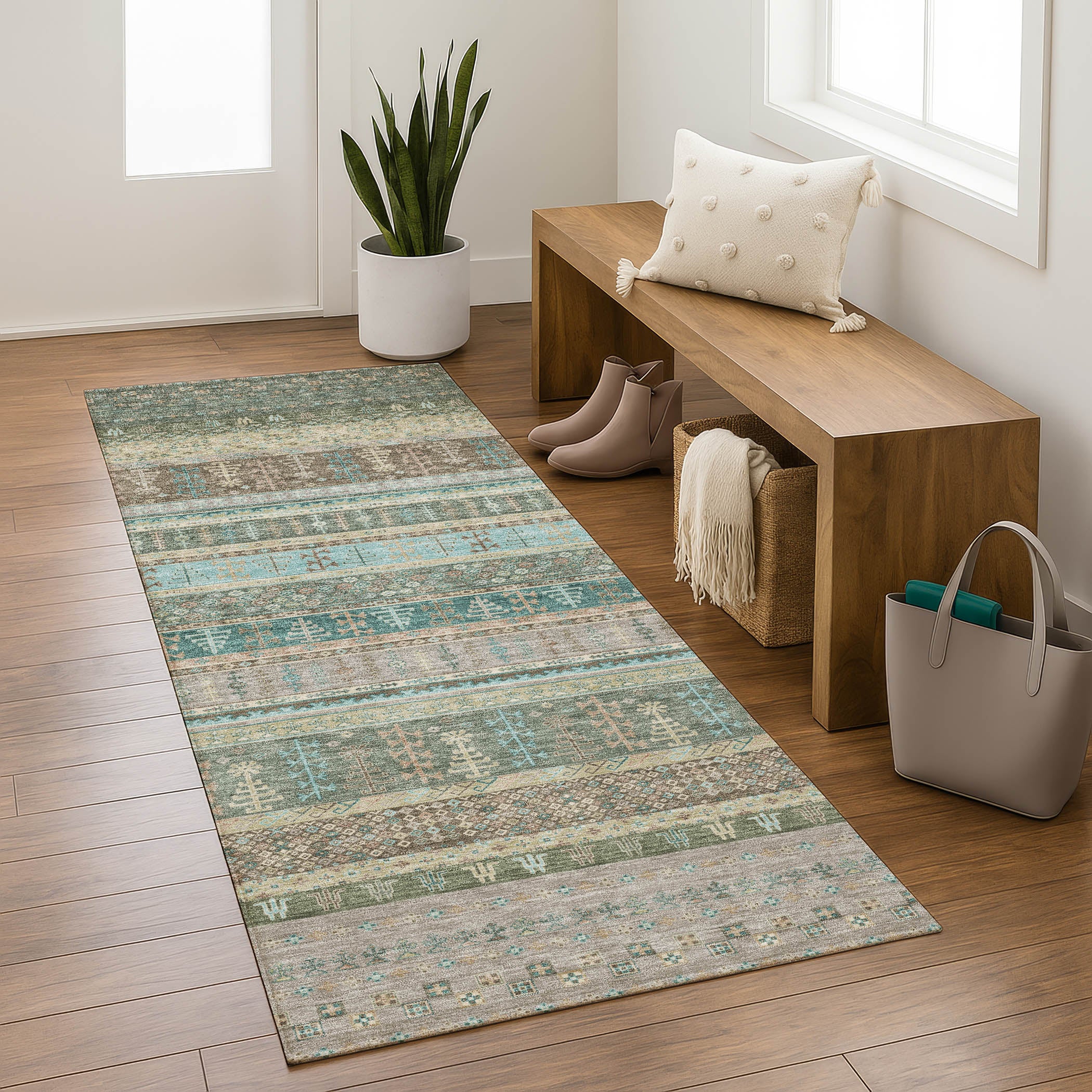 Luang Prabang Machine Washable Transitional Aloe Green Rug 2'3" x 7'6" #shape_Runner