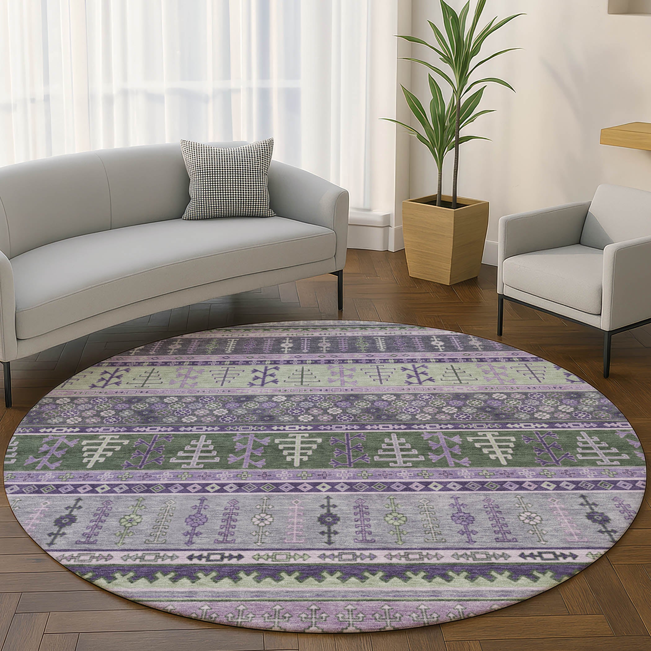 Luang Prabang Machine Washable Transitional Purple Rug 8' x 8' #shape_Round