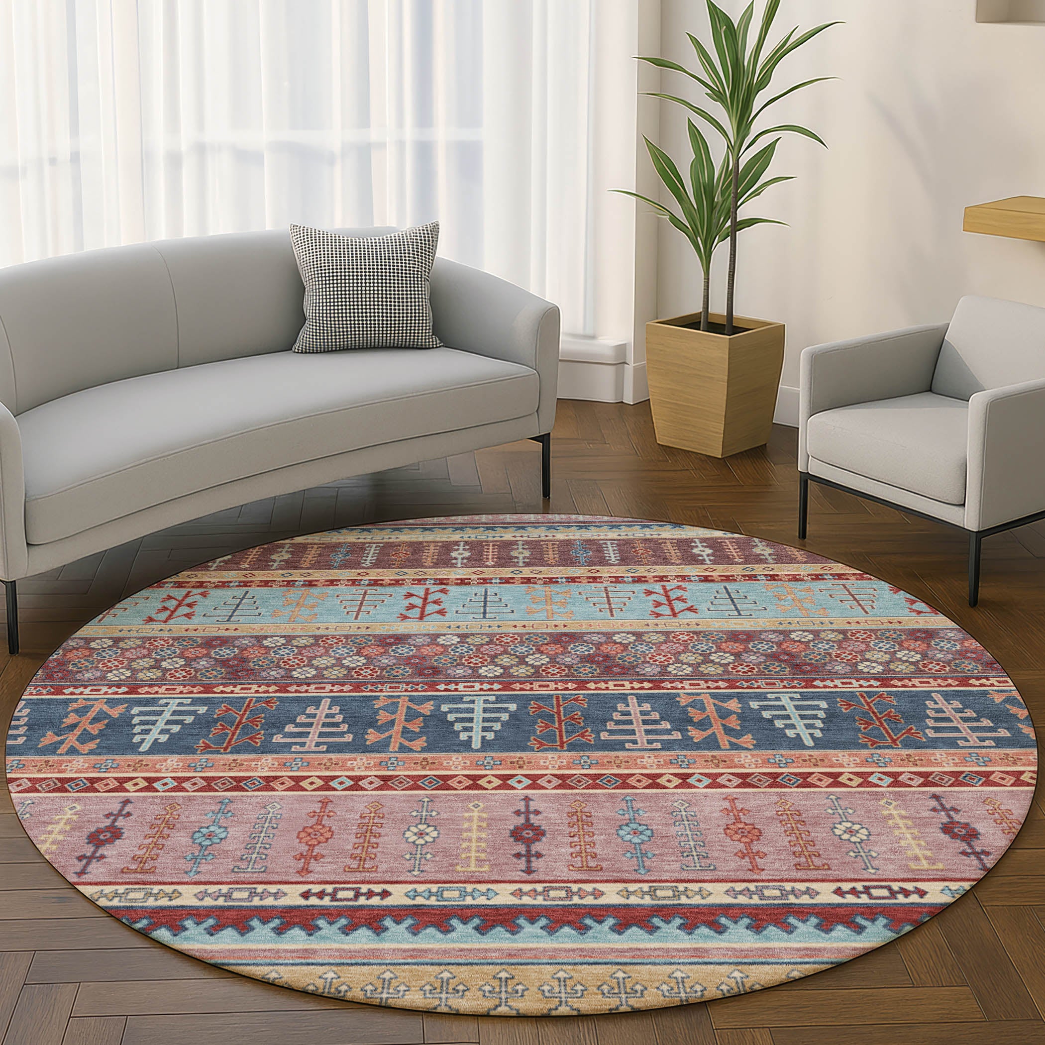 Luang Prabang Machine Washable Transitional Red Rug 8' x 8' #shape_Round