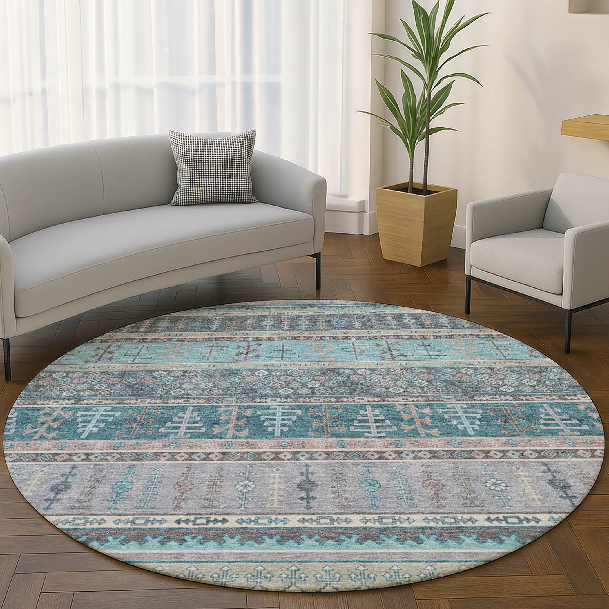 Luang Prabang Machine Washable Transitional Teal Rug 8' x 8' #shape_Round