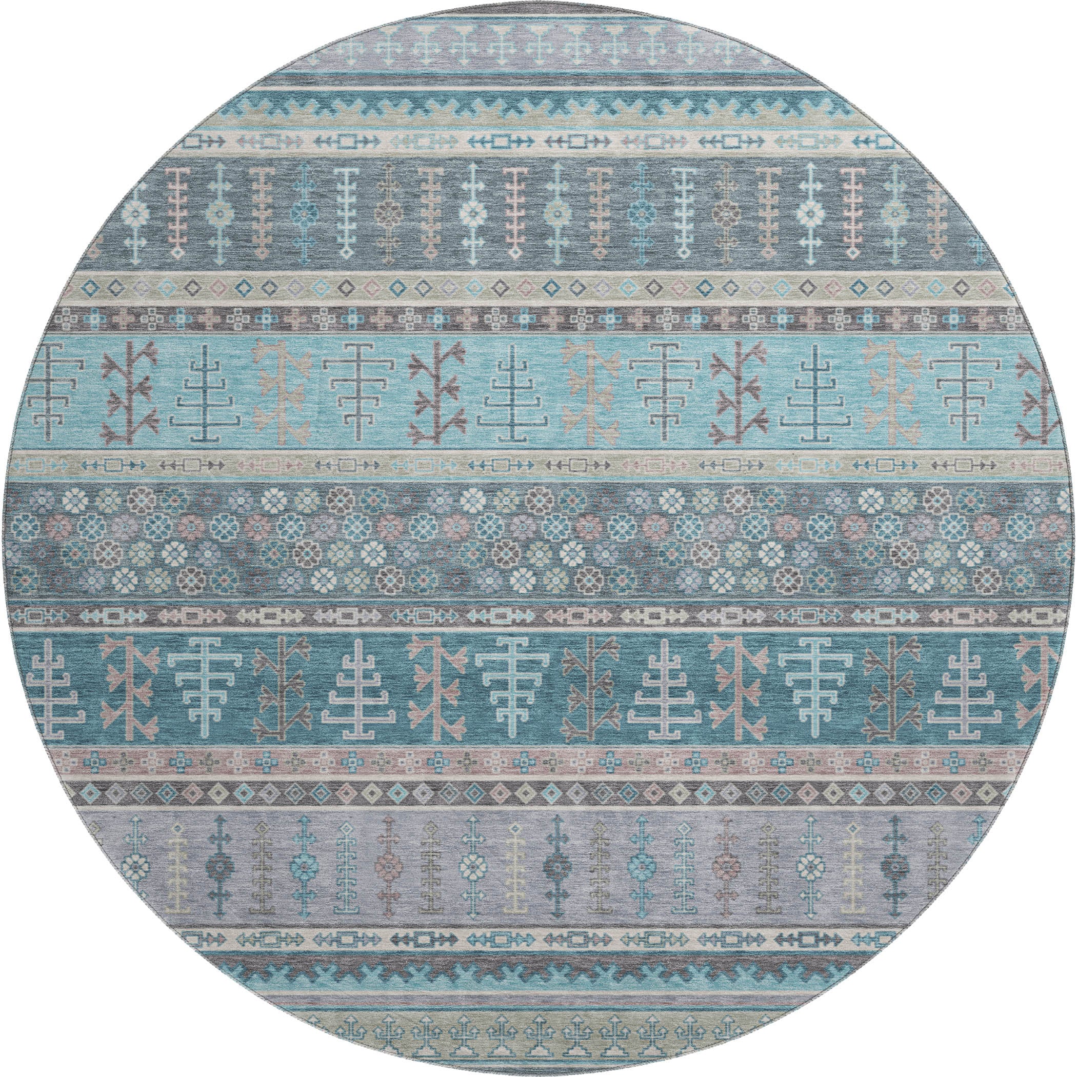 Luang Prabang Machine Washable Transitional Teal Rug 8' x 8' #shape_Round