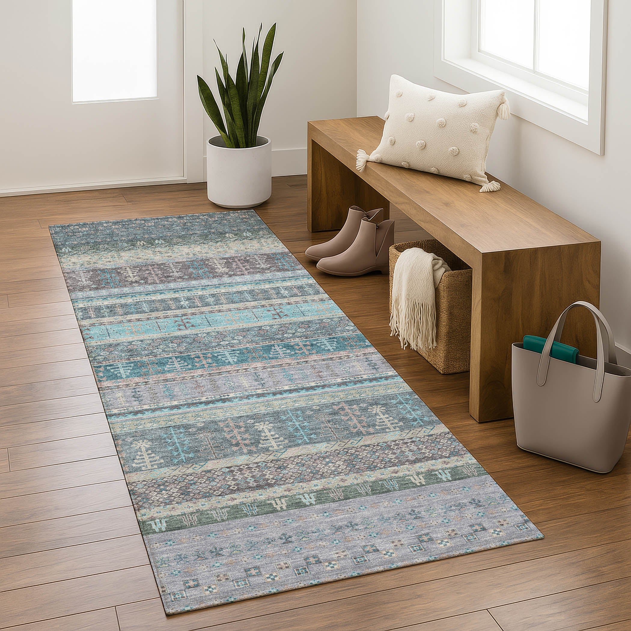 Luang Prabang Machine Washable Transitional Teal Rug 2'3" x 7'6" #shape_Runner