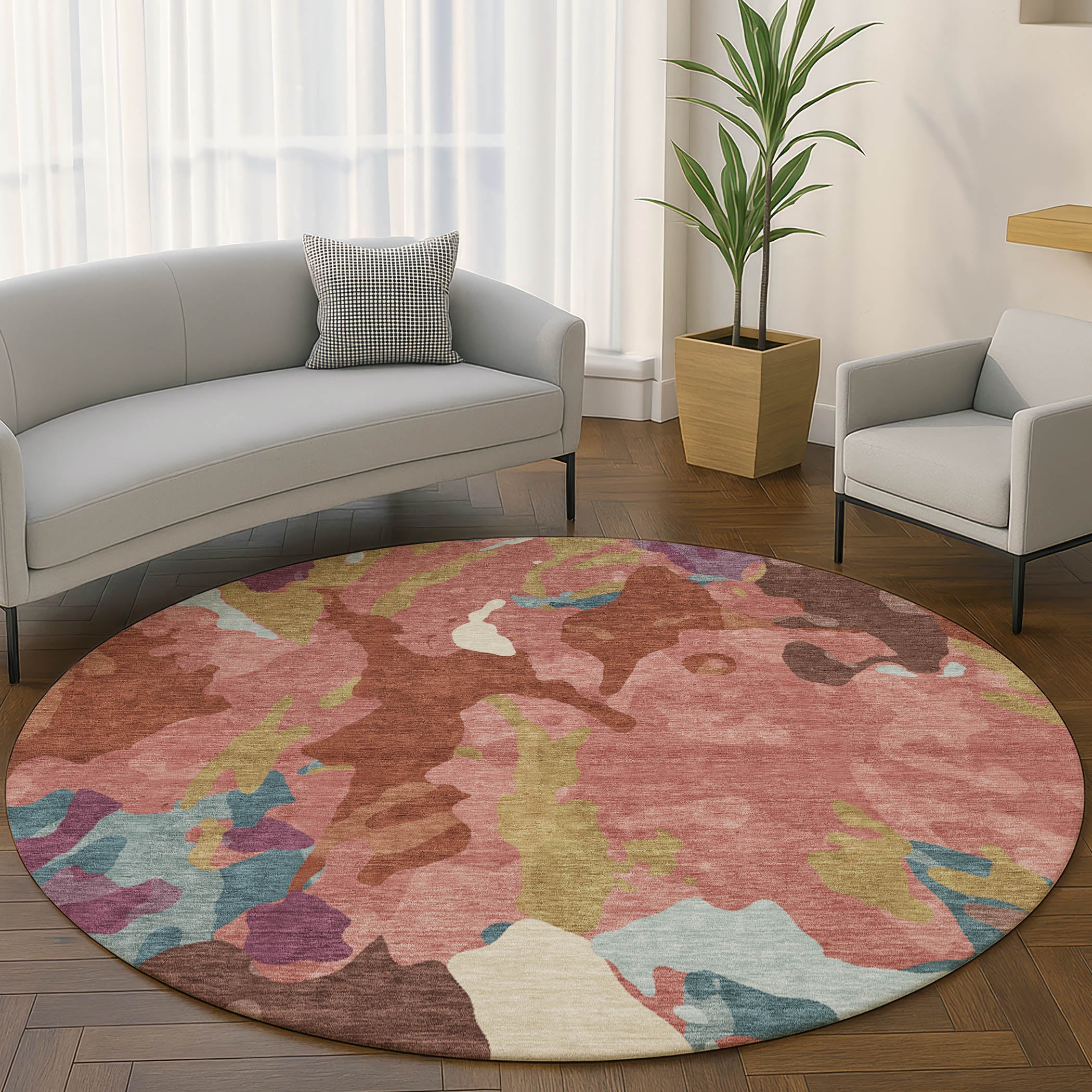 Vienna Machine Washable Transitional Pink Rug 8' x 8' #shape_Round