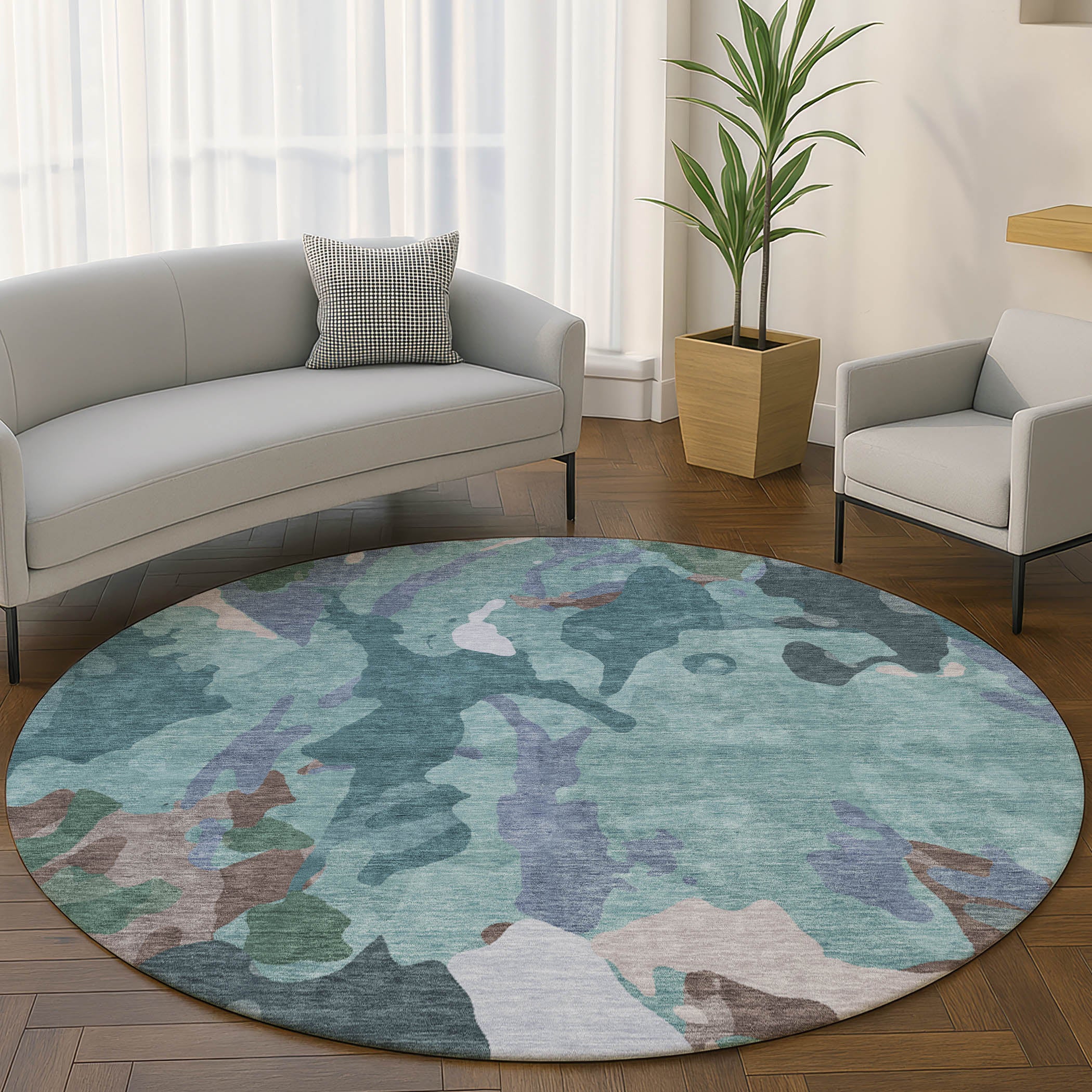 Vienna Machine Washable Transitional Teal Rug 8' x 8' #shape_Round