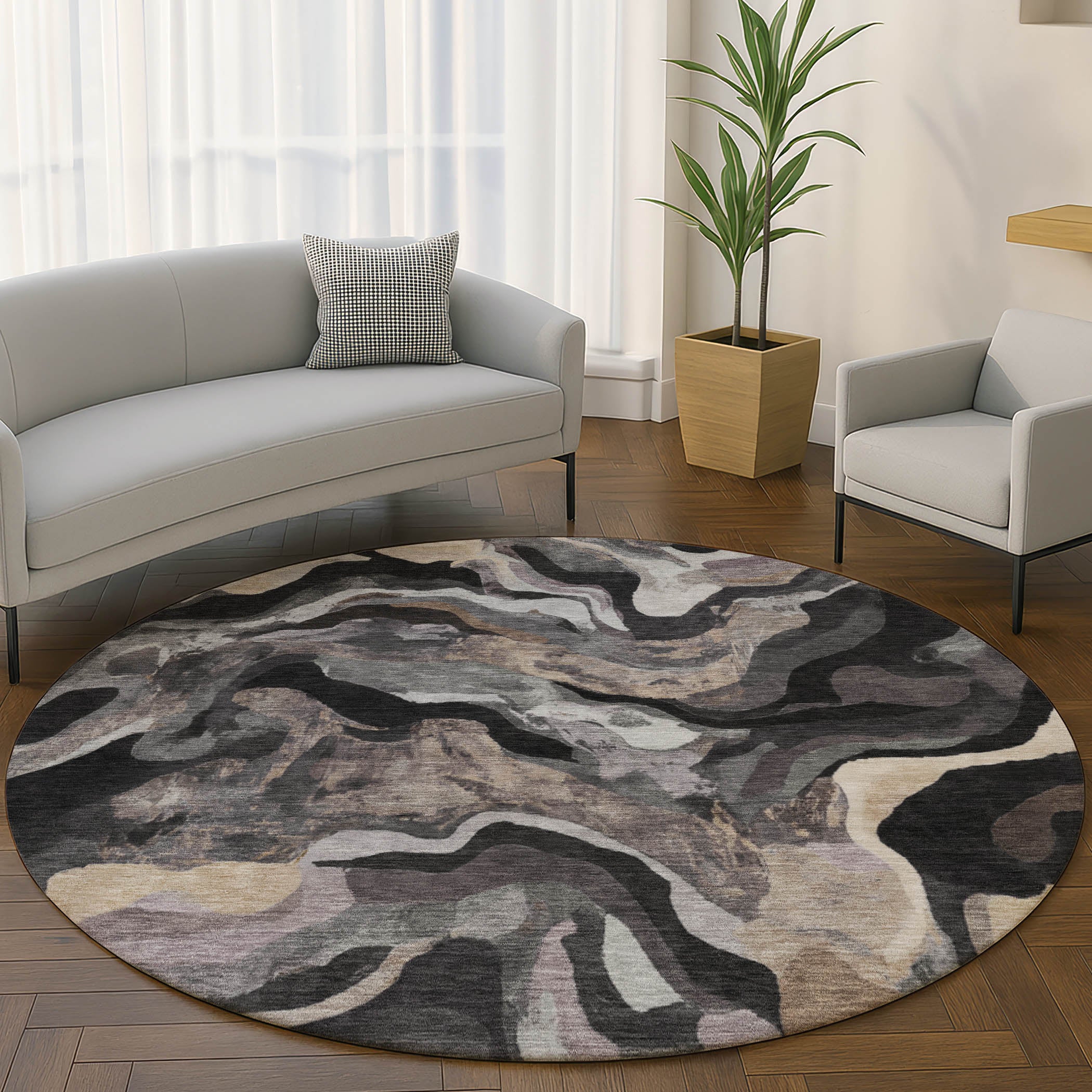 Bruges Machine Washable Transitional Granite Gray Rug 8' x 8' #shape_Round