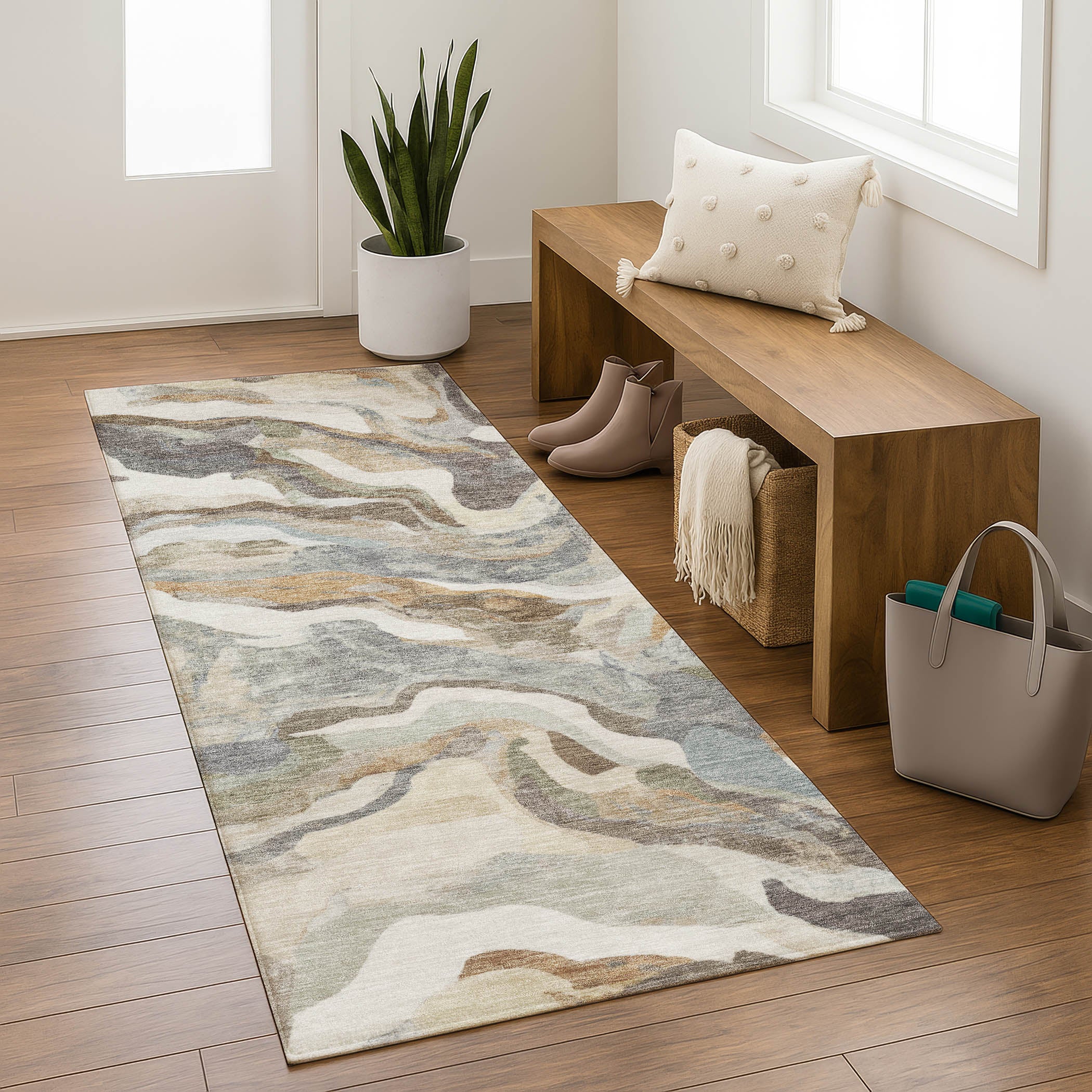 Bruges Machine Washable Transitional Khaki Brown Rug 2'3" x 7'6" #shape_Runner