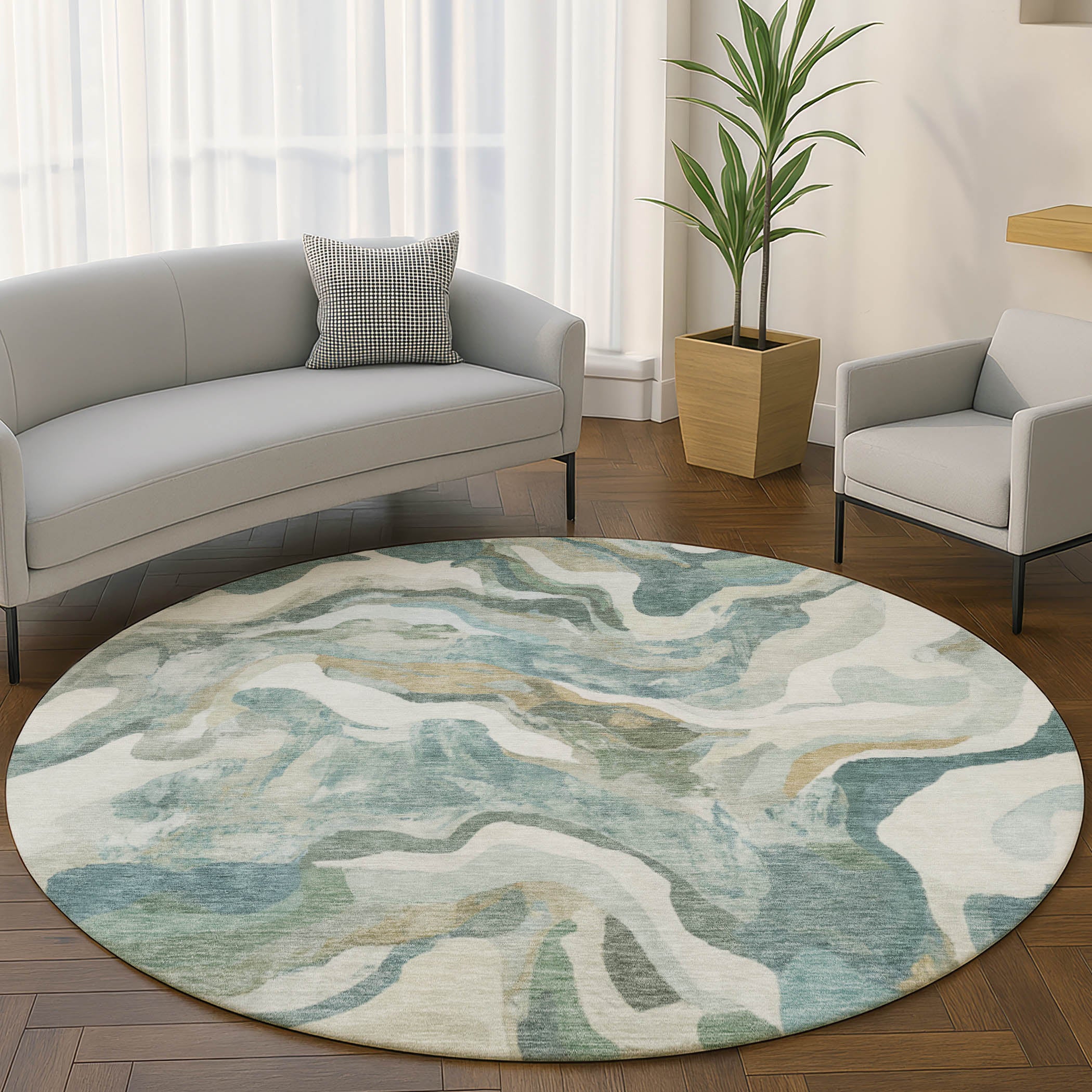 Bruges Machine Washable Transitional Teal Rug 8' x 8' #shape_Round