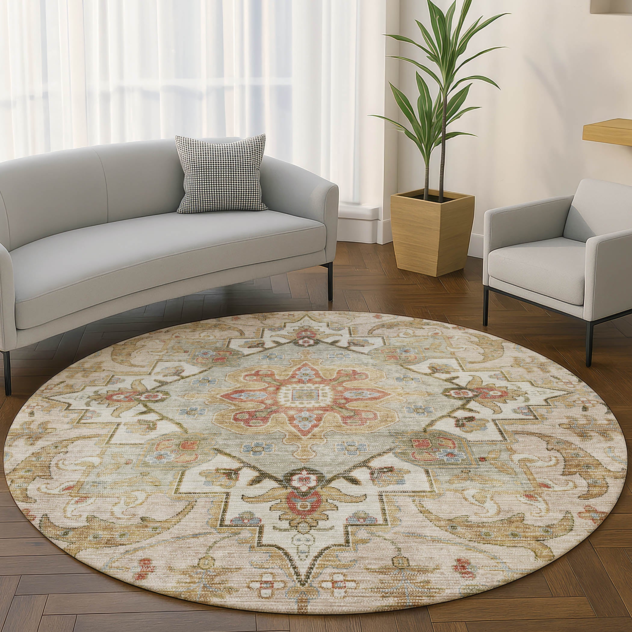 Santorini Machine Washable Traditional Beige Brown Rug 8' x 8' #shape_Round