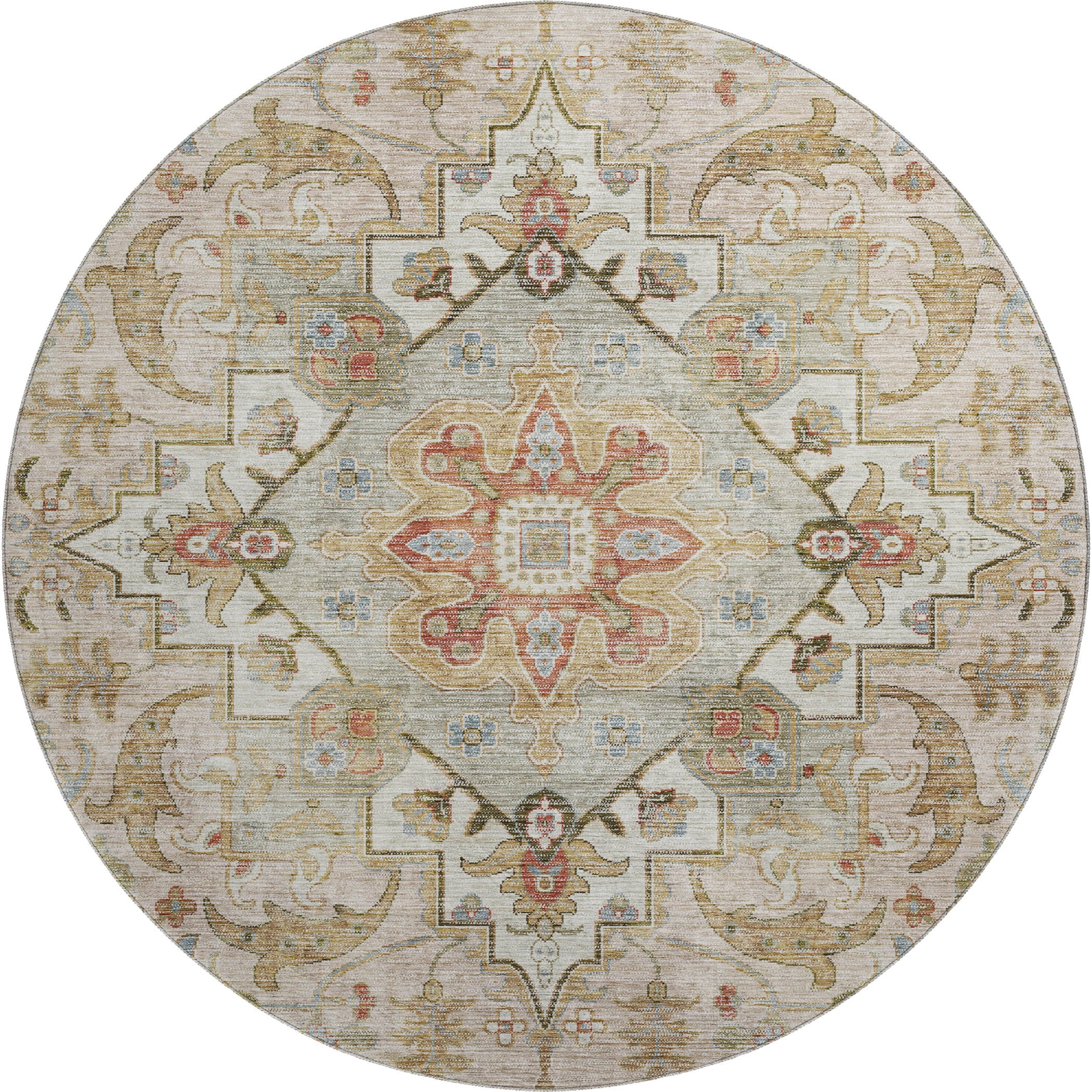 Santorini Machine Washable Traditional Beige Brown Rug 8' x 8' #shape_Round