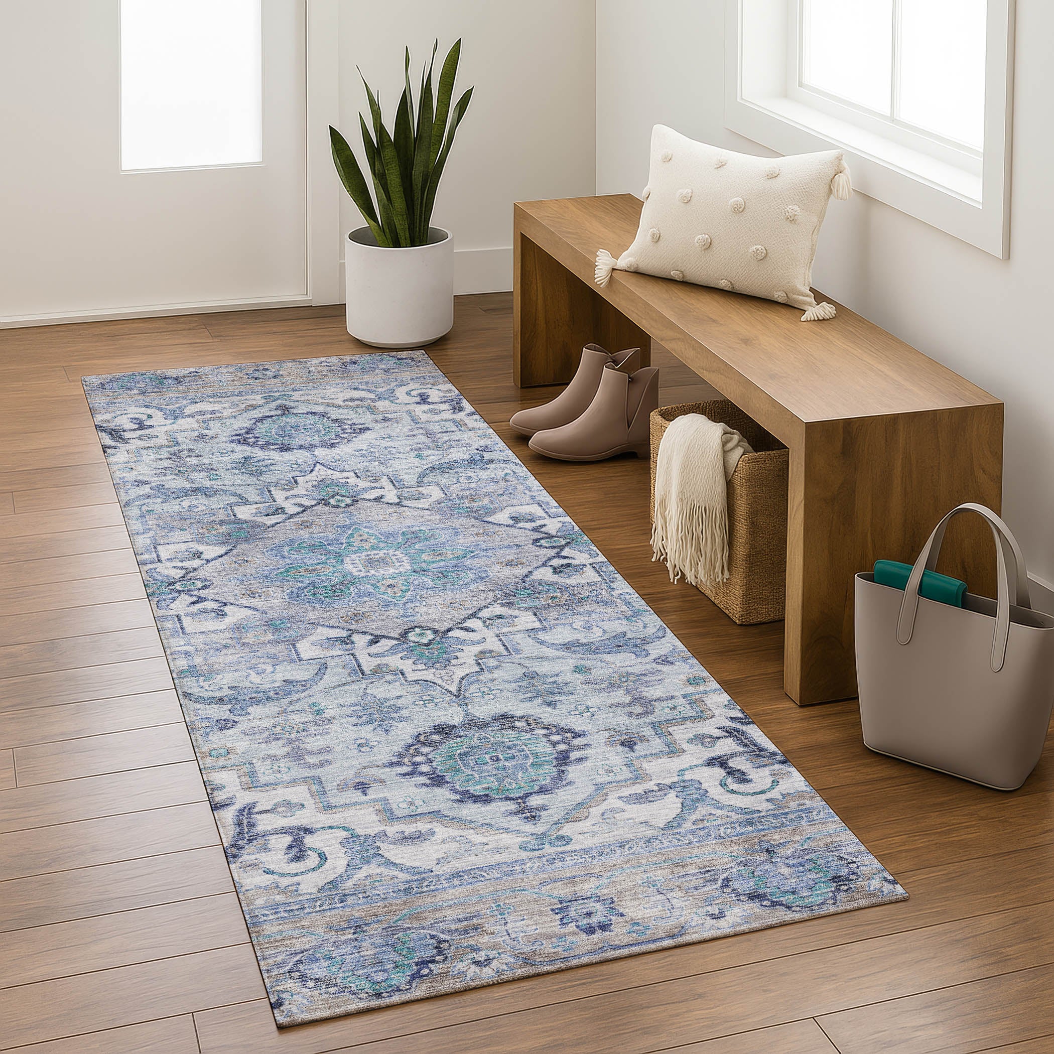 Santorini Machine Washable Traditional Blue Rug 2'3" x 7'6" #shape_Runner