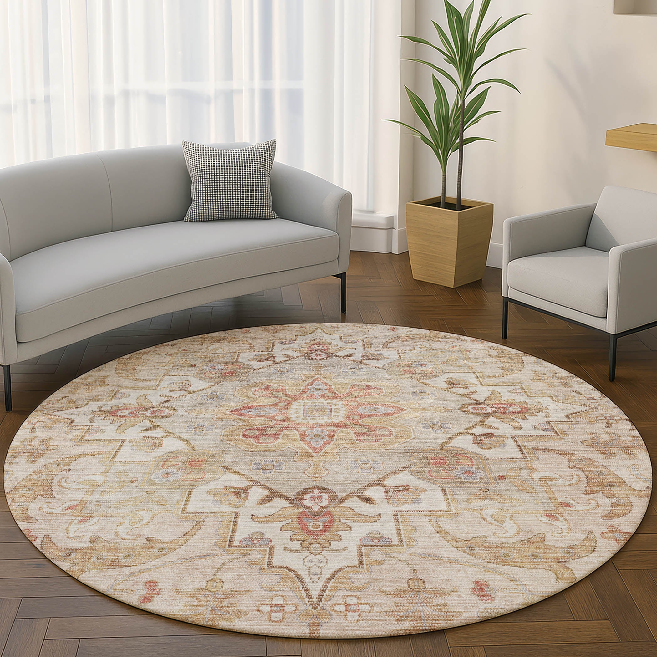 Santorini Machine Washable Traditional Coral Orange Rug 8' x 8' #shape_Round