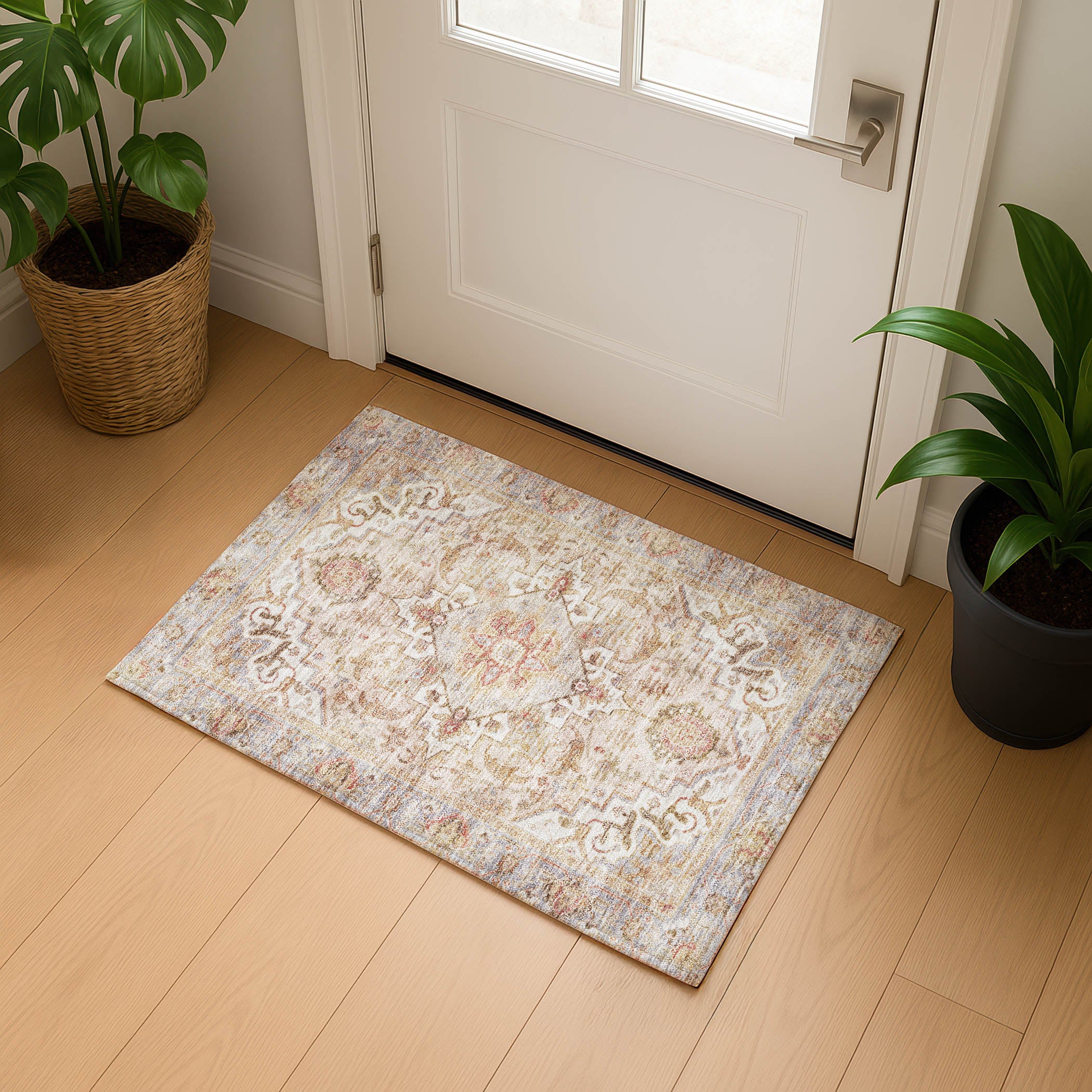 Santorini Machine Washable Traditional Coral Orange Rug 1'8" x 2'6" #shape_Rectangle