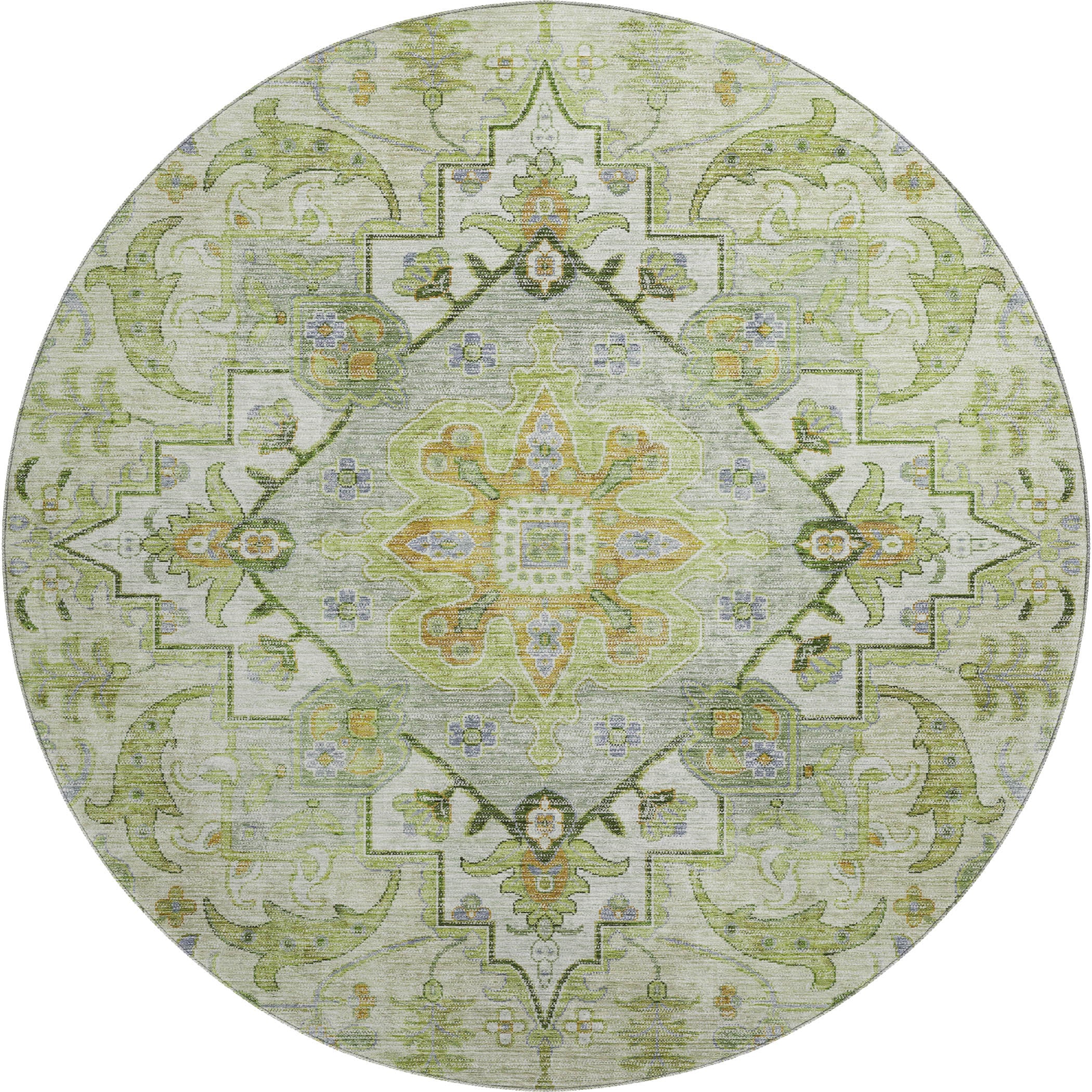 Santorini Machine Washable Traditional Green Rug 8' x 8' #shape_Round