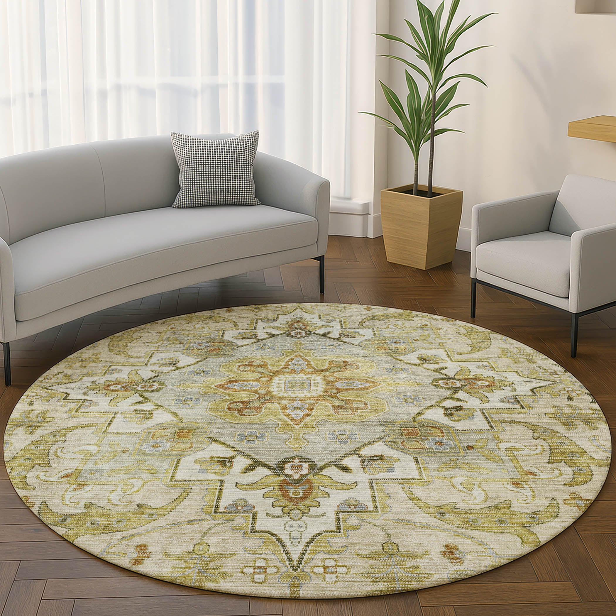 Santorini Machine Washable Traditional Khaki Brown Rug 8' x 8' #shape_Round