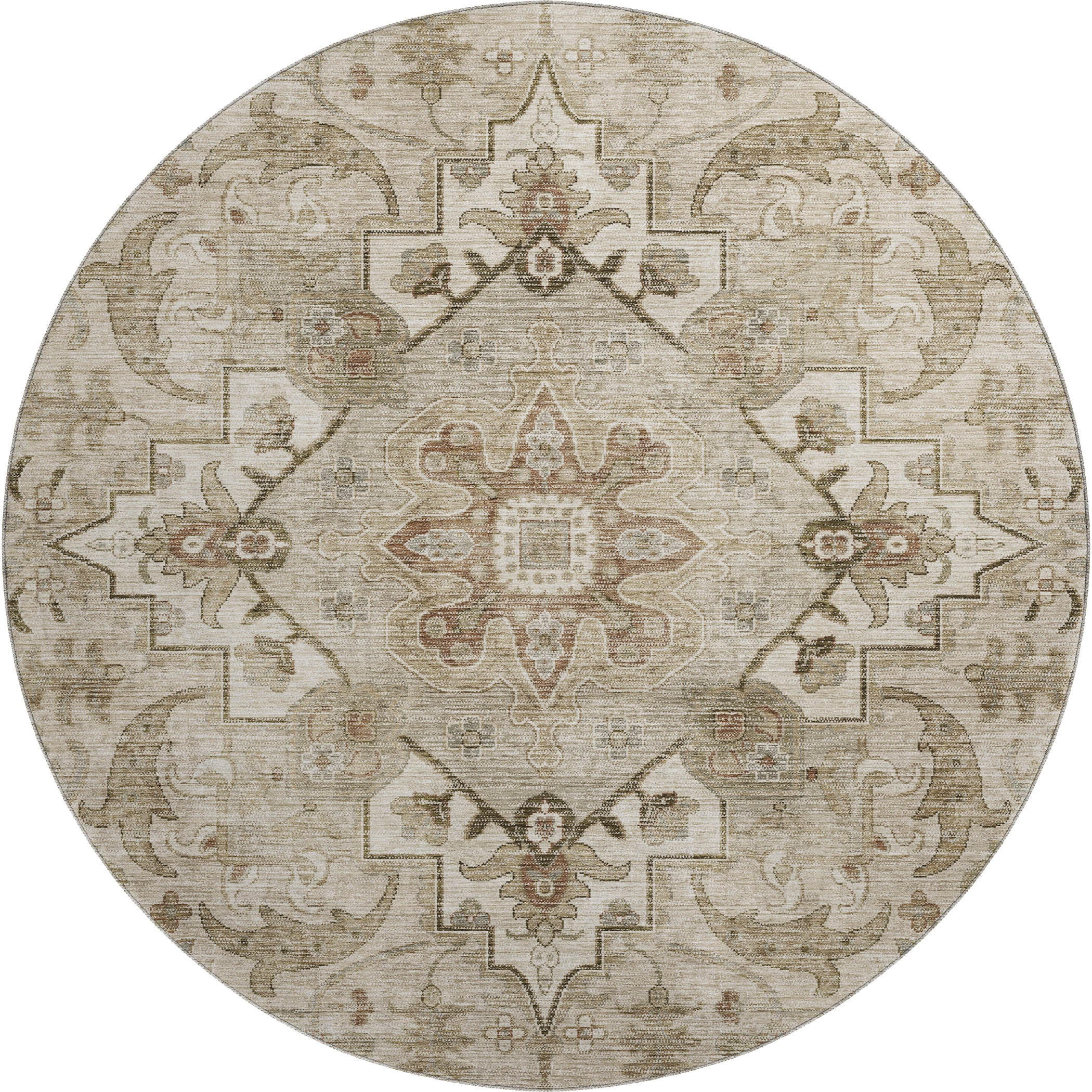 Sintra Machine Washable Traditional Beige Brown Rug 8' x 8' #shape_Round