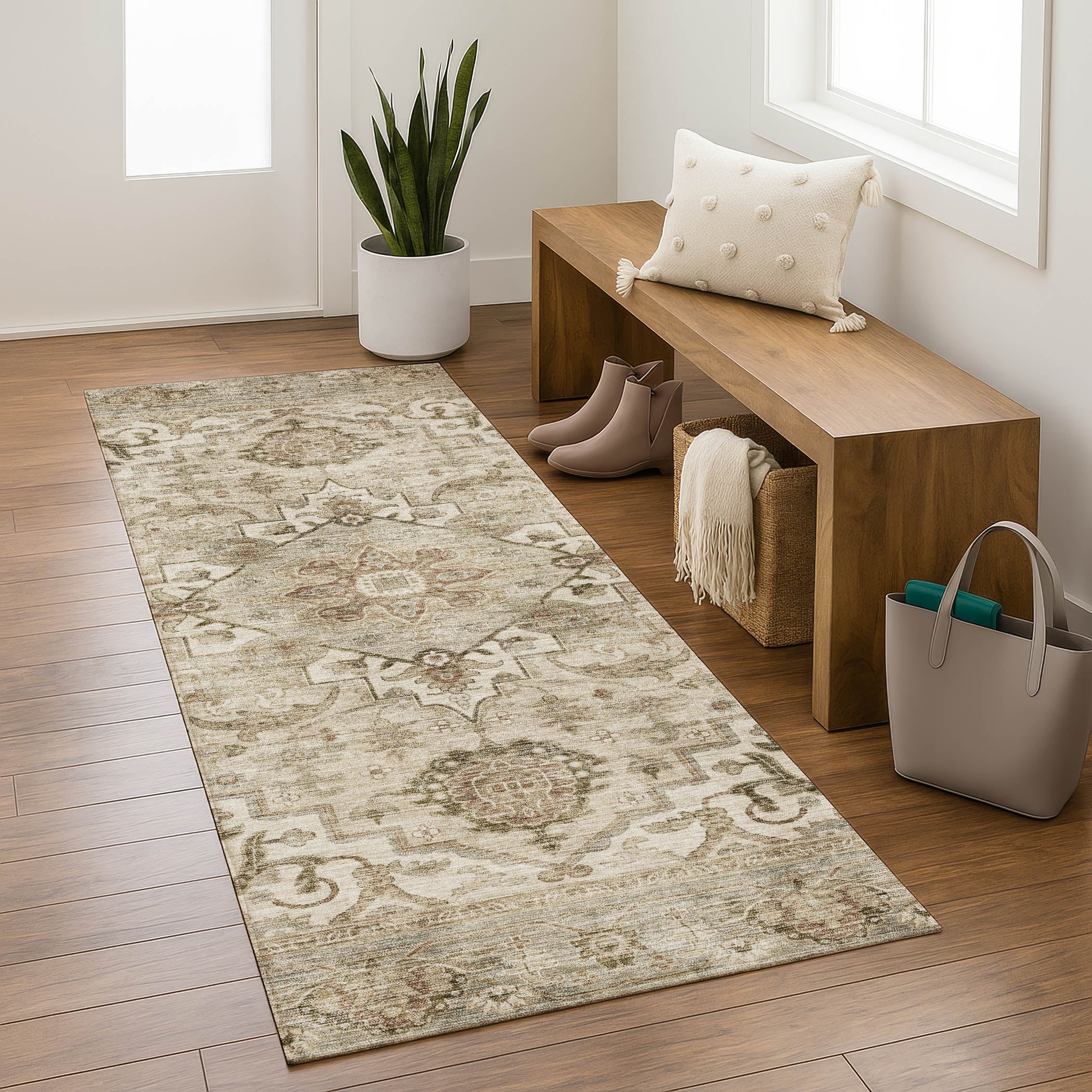 Sintra Machine Washable Traditional Beige Brown Rug 2'3" x 7'6" #shape_Runner