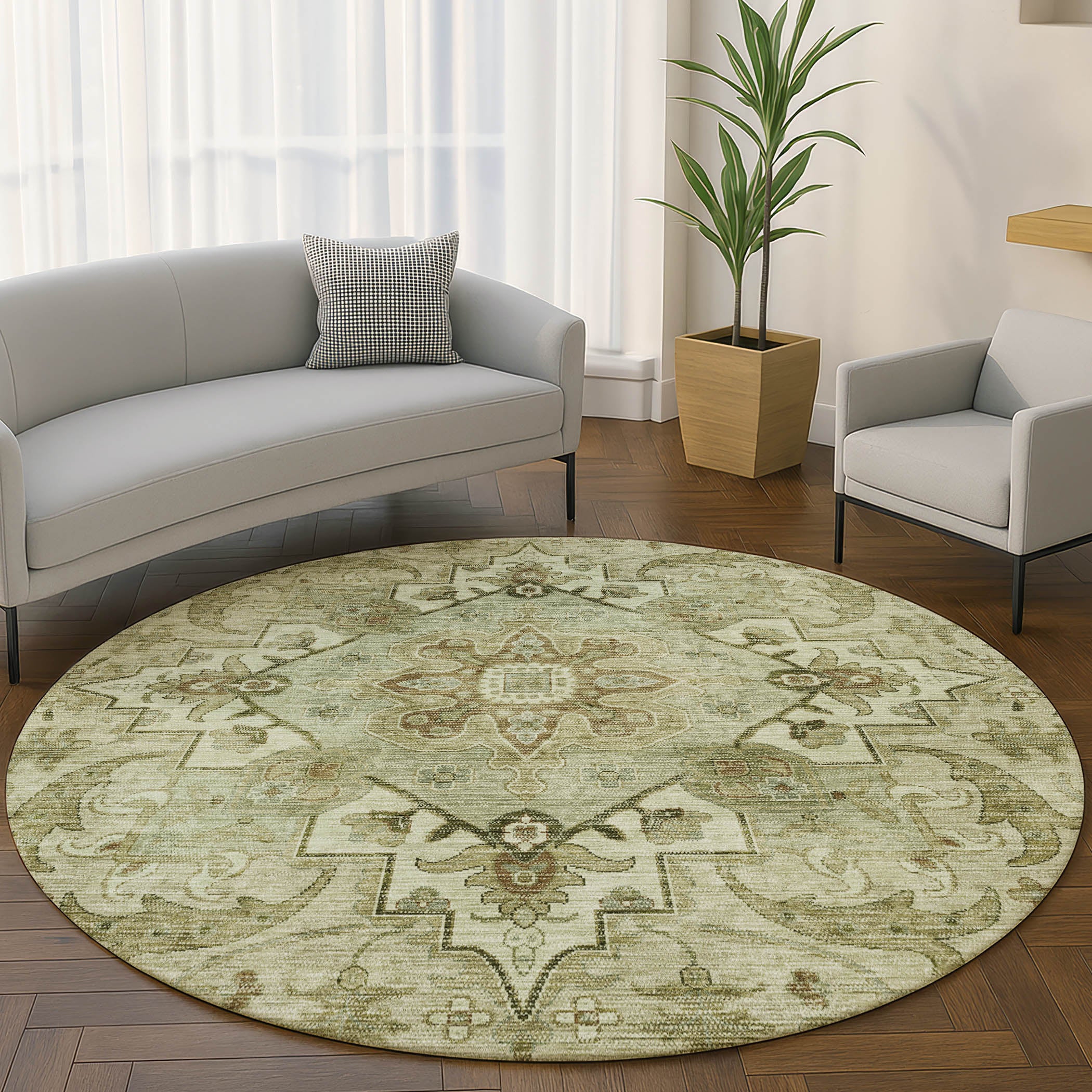 Sintra Machine Washable Traditional Sage Green Rug 8' x 8' #shape_Round
