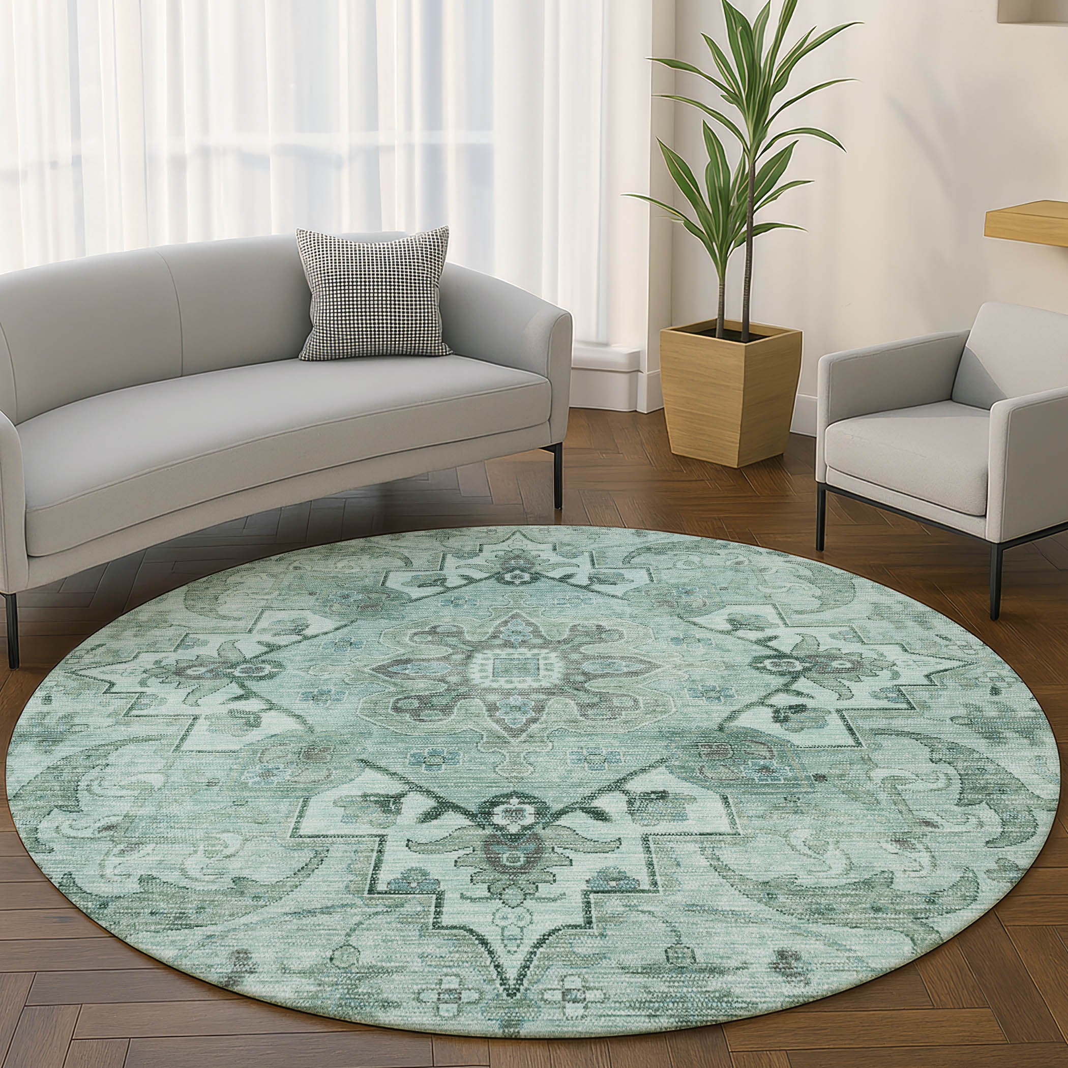 Sintra Machine Washable Traditional Teal Rug 8' x 8' #shape_Round