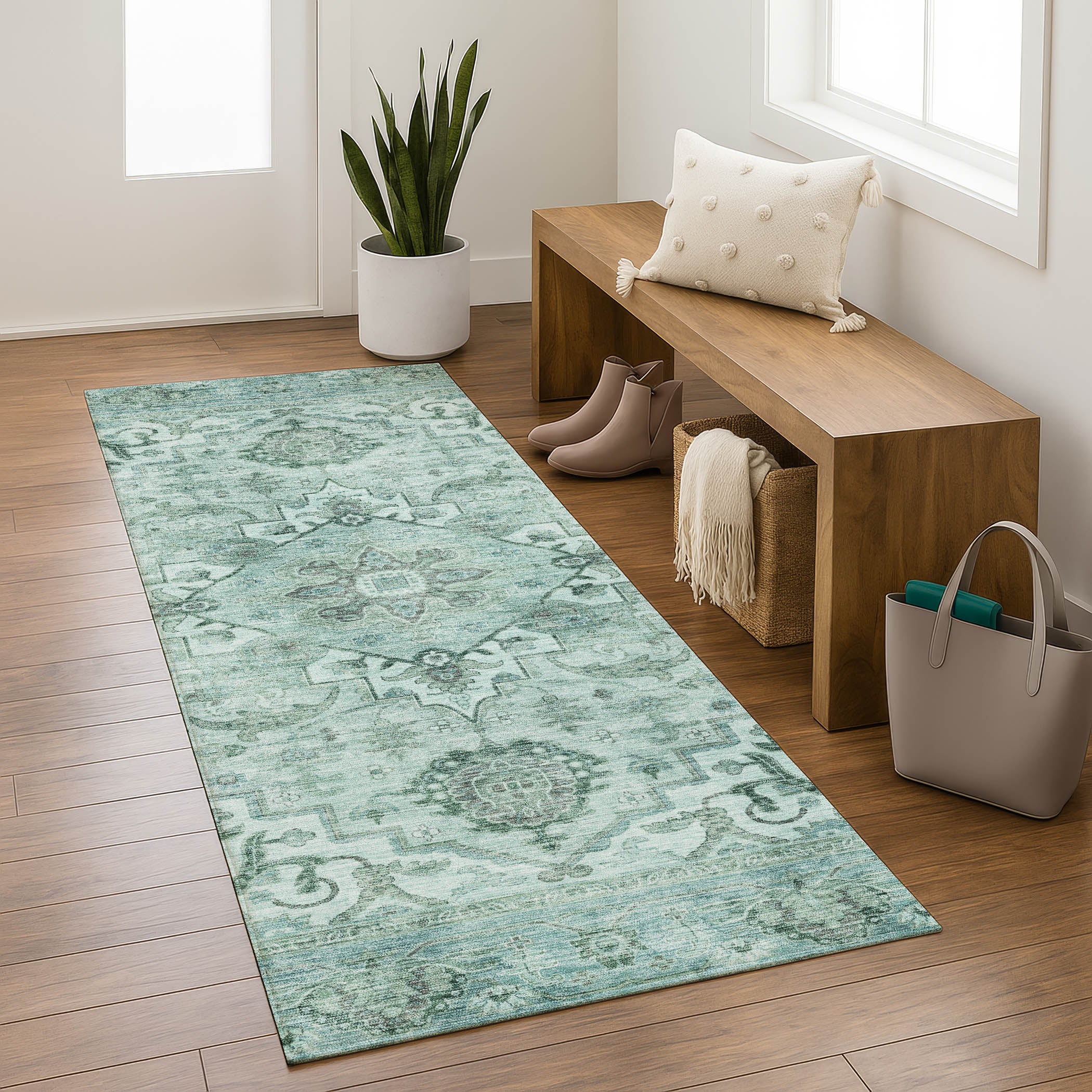Sintra Machine Washable Traditional Teal Rug 2'3" x 7'6" #shape_Runner