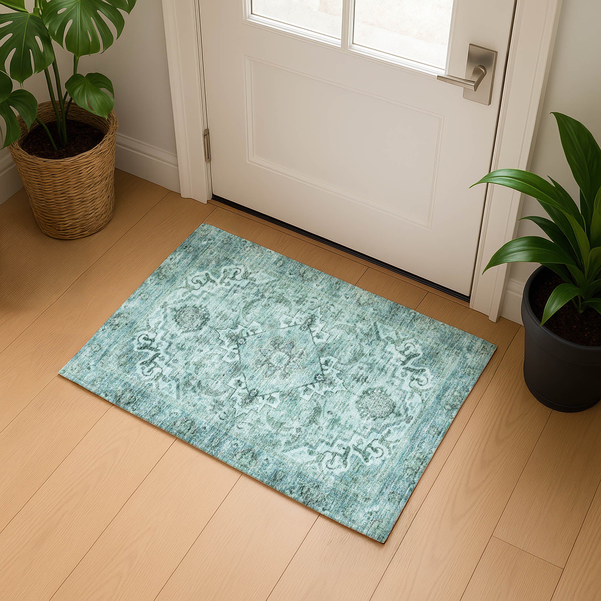 Sintra Machine Washable Traditional Teal Rug 1'8" x 2'6" #shape_Rectangle