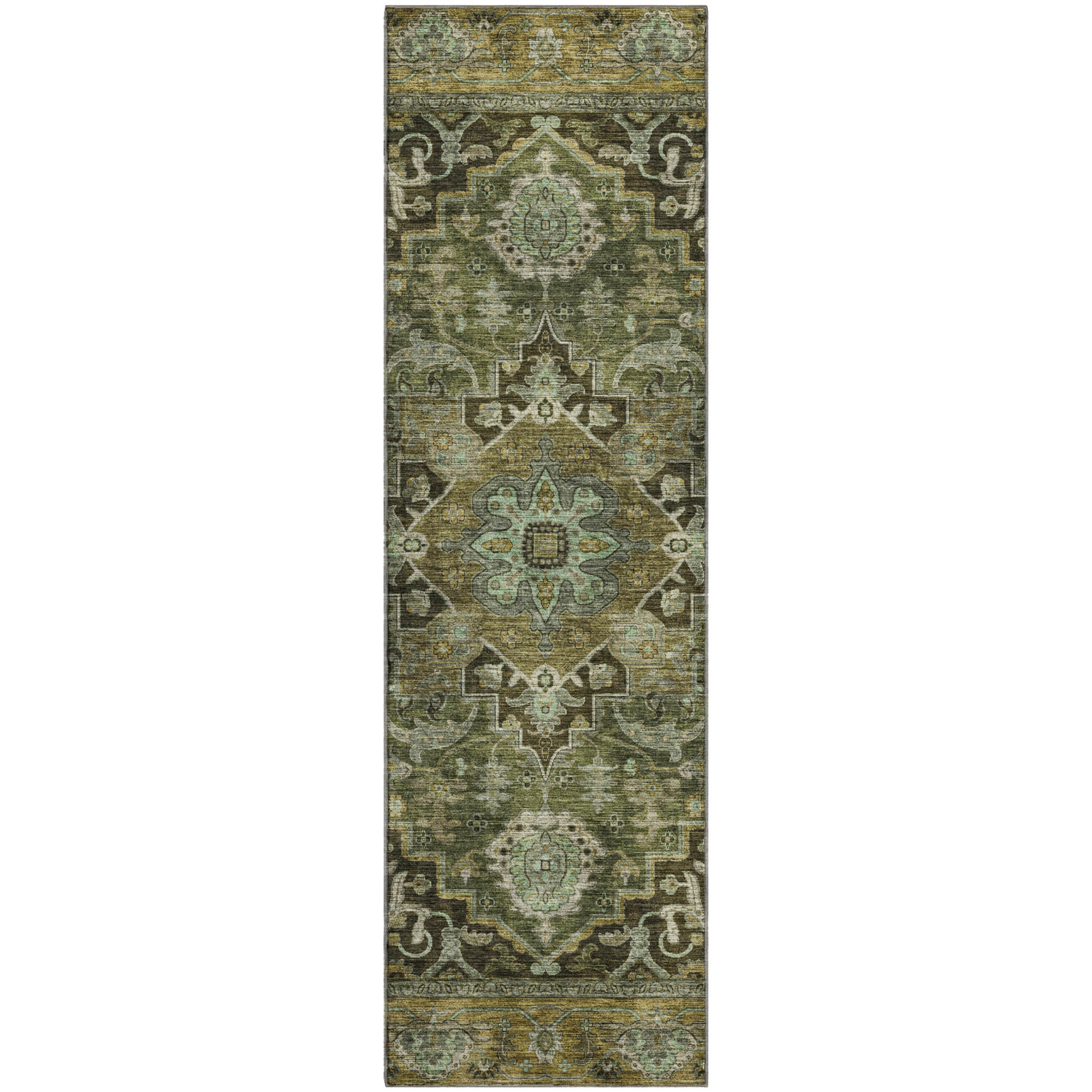 Chiang Mai Machine Washable Traditional Olive Green Rug 2'3" x 7'6" #shape_Runner