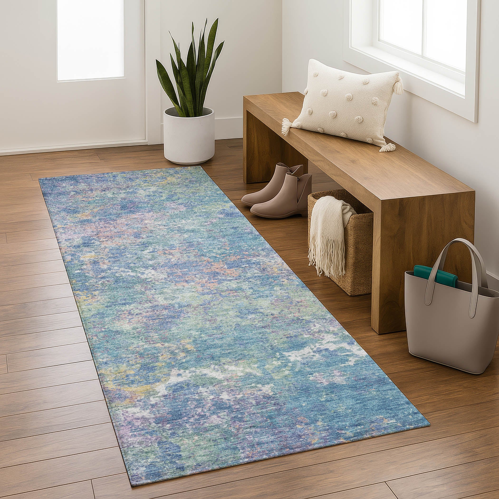 Havana Machine Washable Transitional Aqua Teal Rug 2'3" x 7'6" #shape_Runner