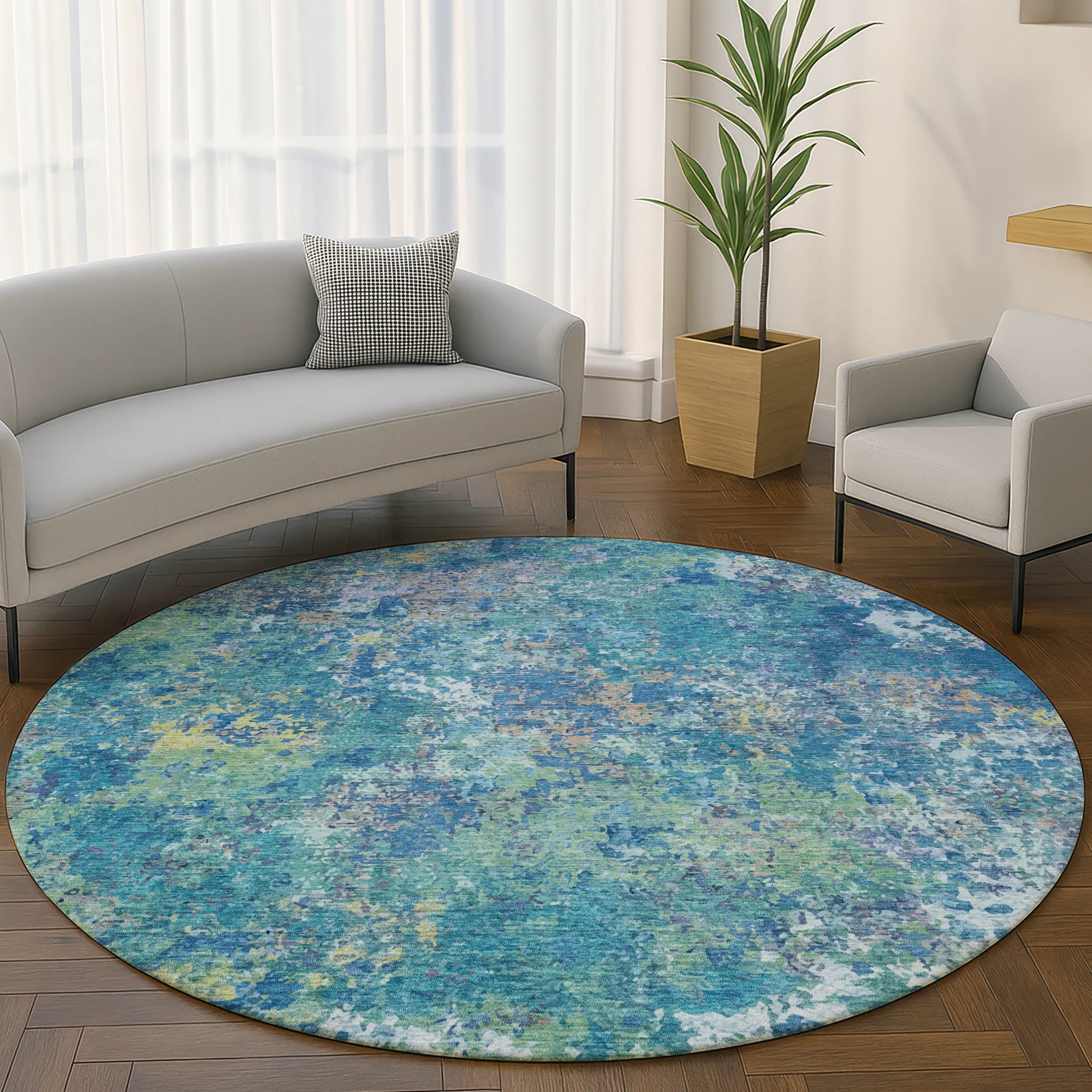 Havana Machine Washable Transitional Blue Rug 8' x 8' #shape_Round