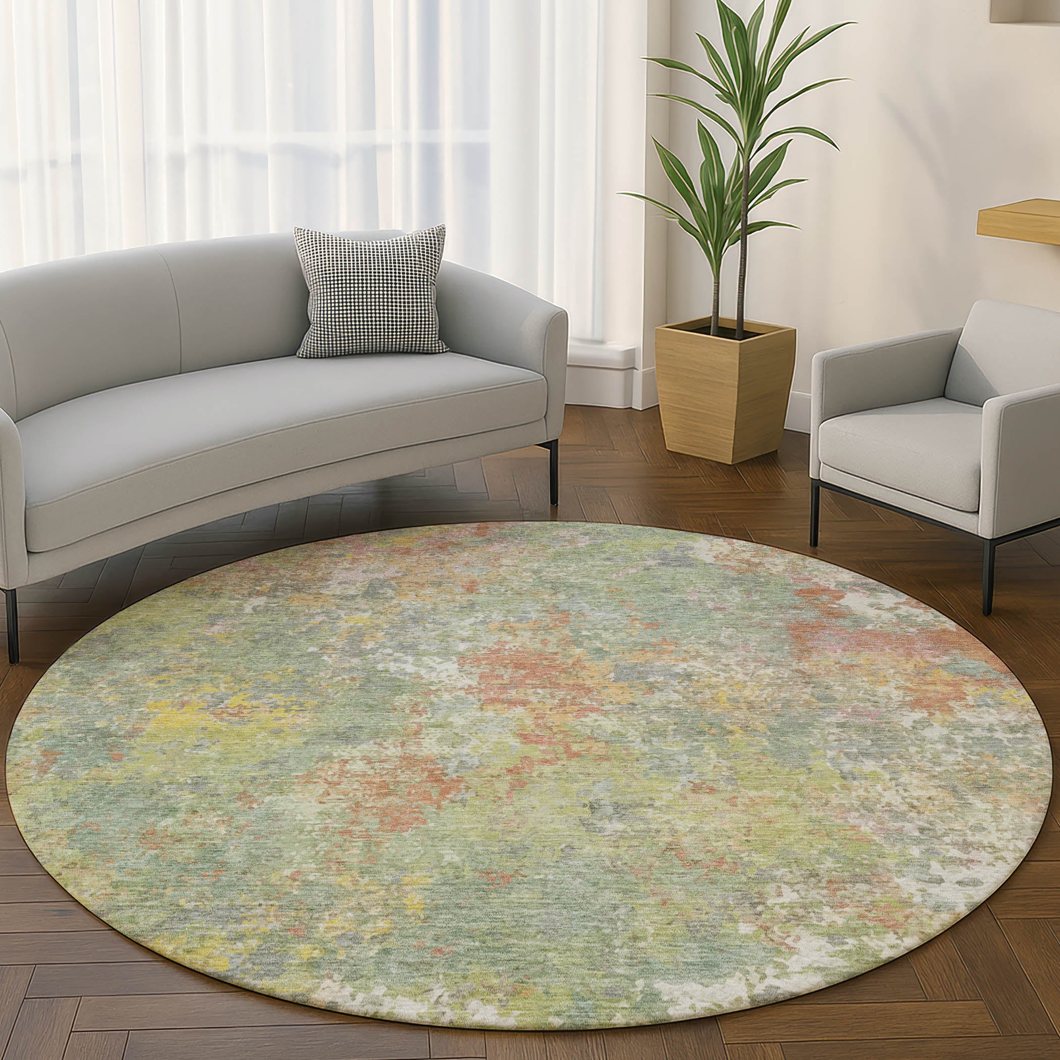 Havana Machine Washable Transitional Green Rug 8' x 8' #shape_Round