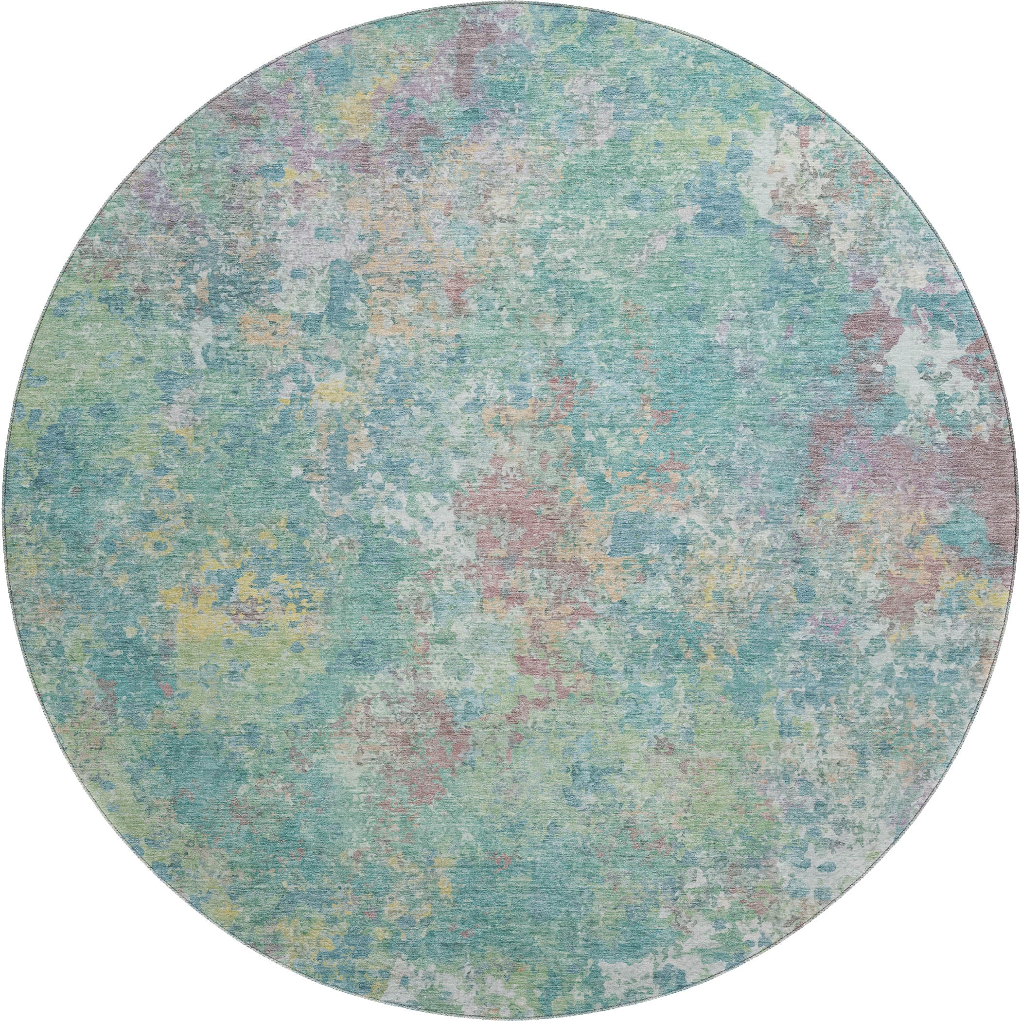 Havana Machine Washable Transitional Teal Rug 8' x 8' #shape_Round