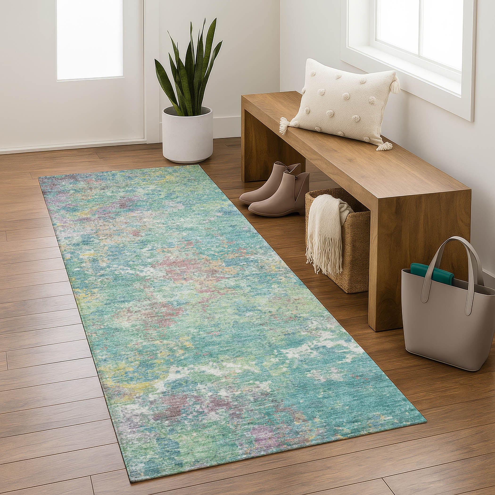 Havana Machine Washable Transitional Teal Rug 2'3" x 7'6" #shape_Runner