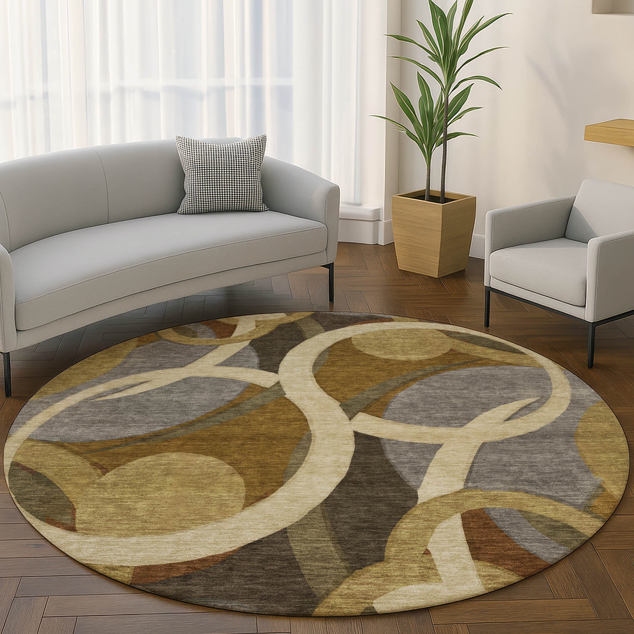 Sintra Machine Washable Transitional Brown Rug 8' x 8' #shape_Round