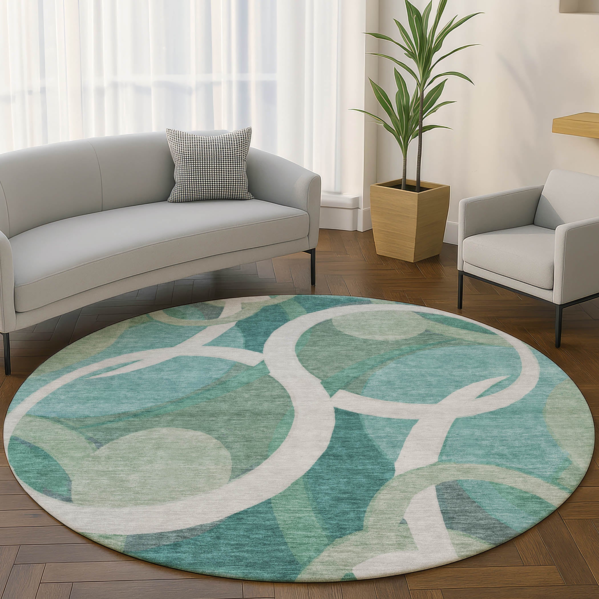Sintra Machine Washable Transitional Teal Rug 8' x 8' #shape_Round