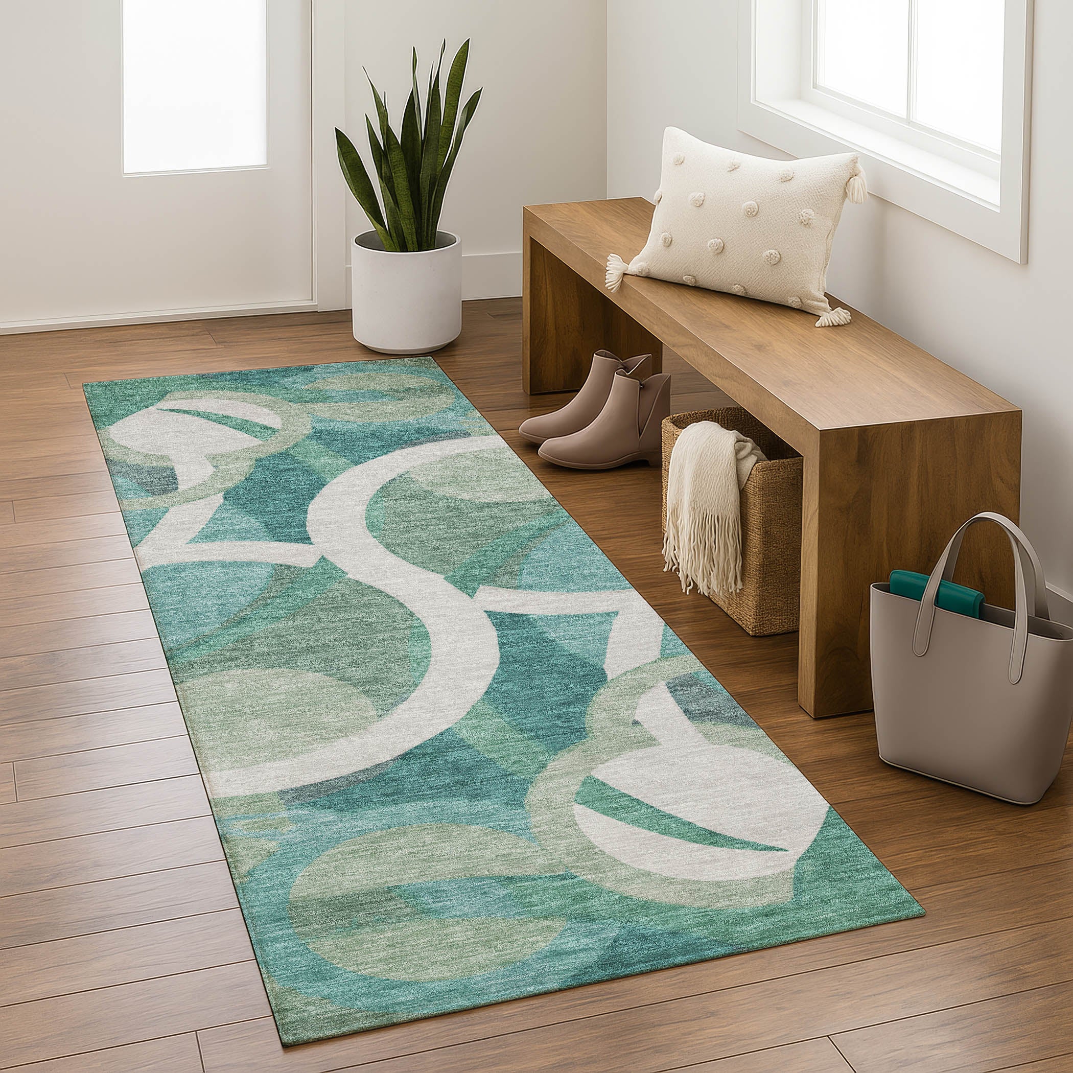Sintra Machine Washable Transitional Teal Rug 2'3" x 7'6" #shape_Runner