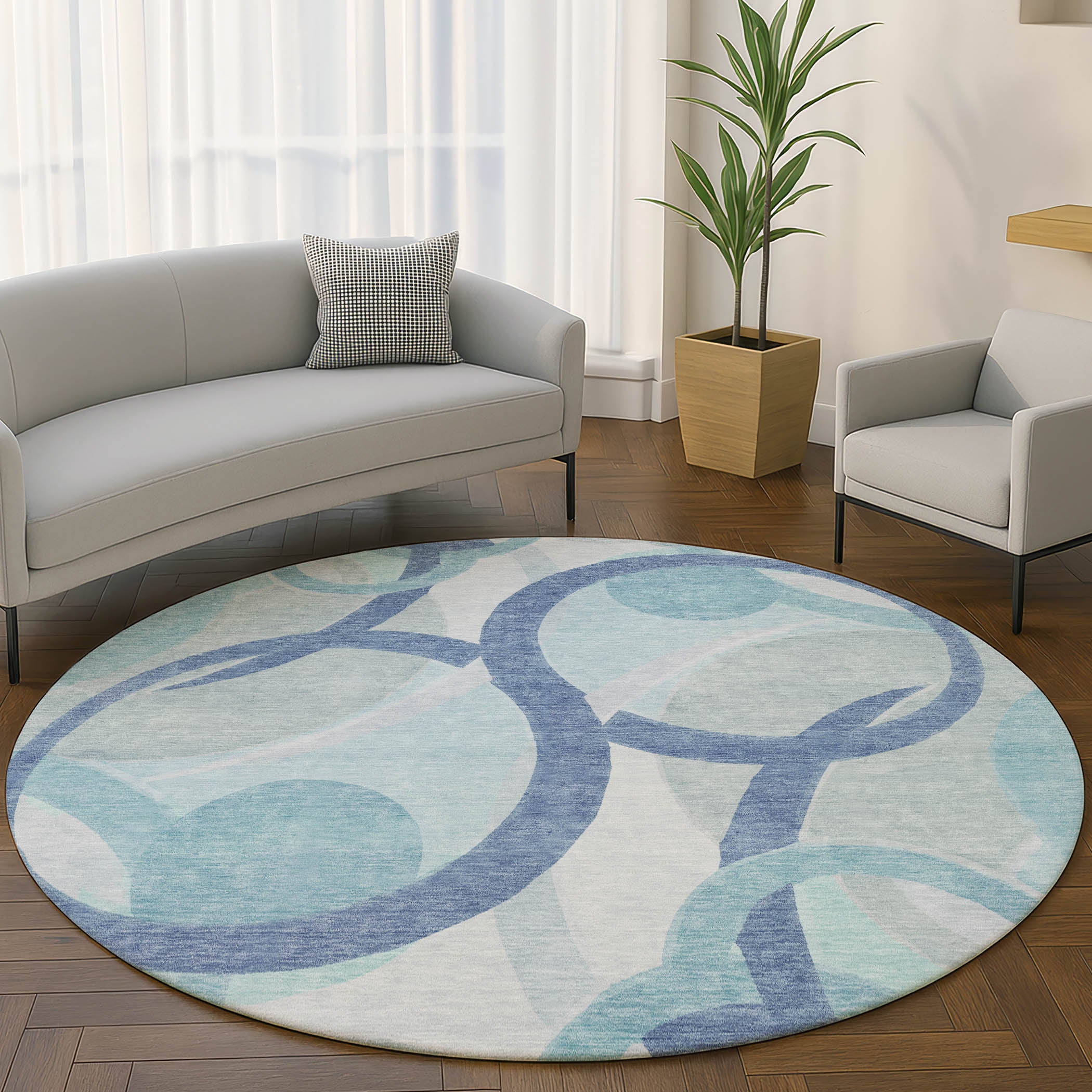 Chiang Mai Machine Washable Transitional Blue Rug 8' x 8' #shape_Round