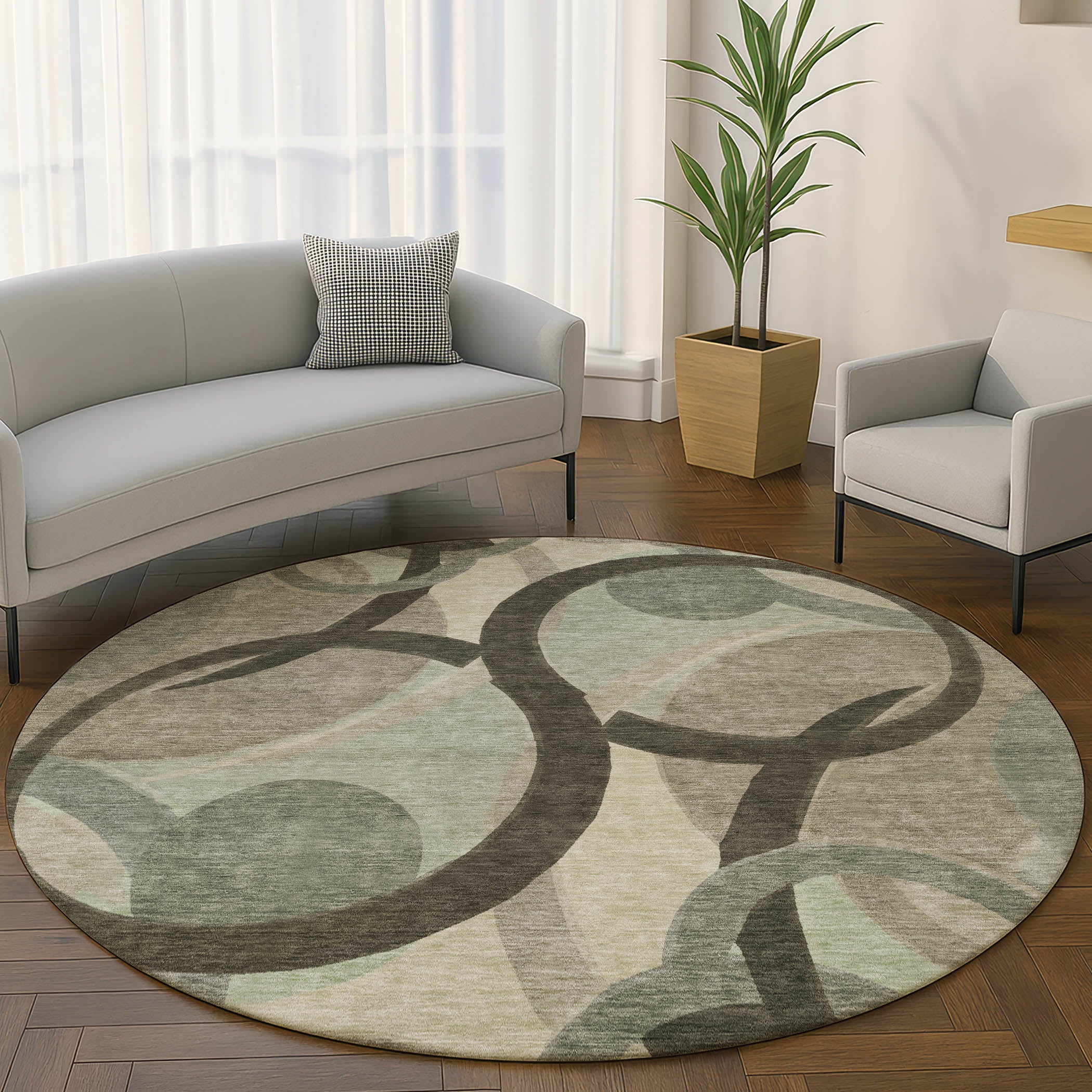 Chiang Mai Machine Washable Transitional Brown Rug 8' x 8' #shape_Round