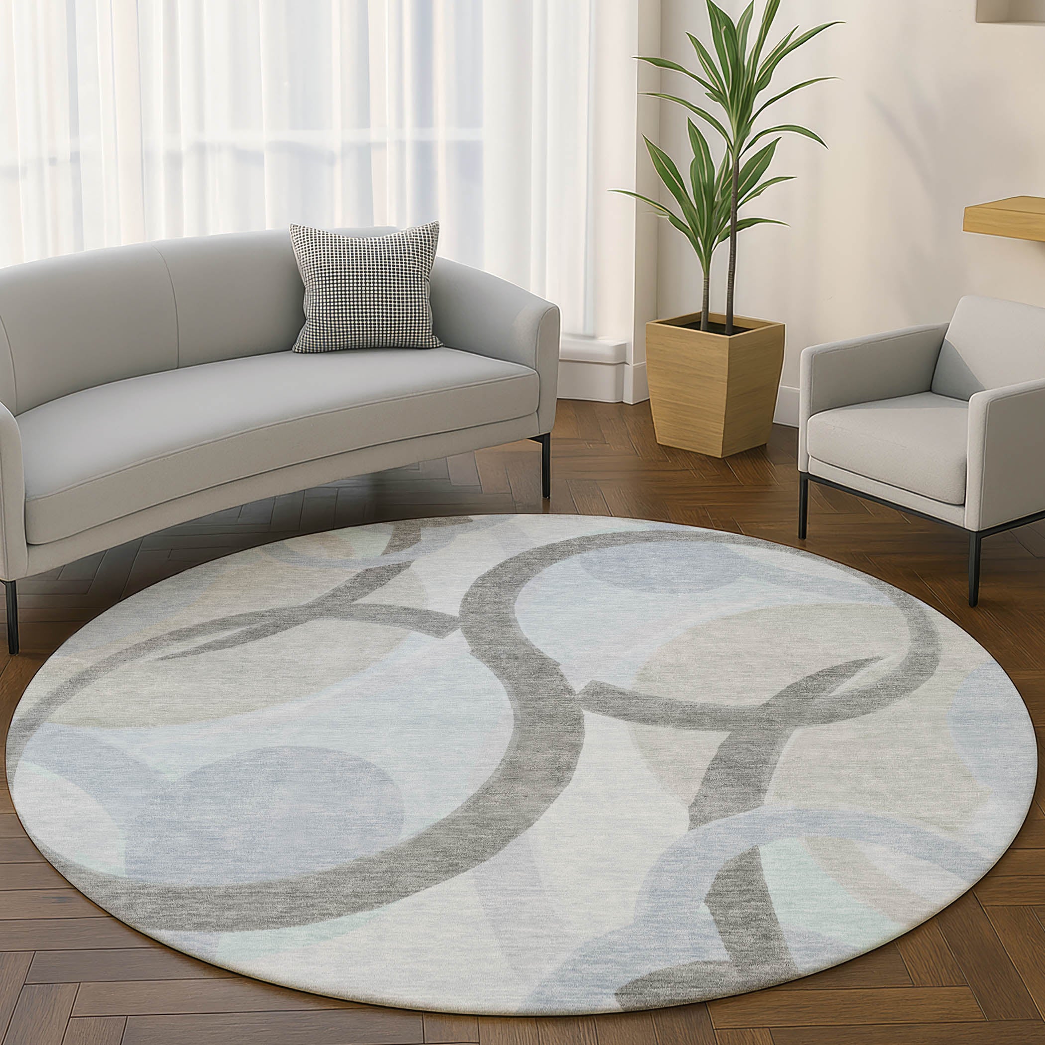 Chiang Mai Machine Washable Transitional Taupe Brown Rug 8' x 8' #shape_Round