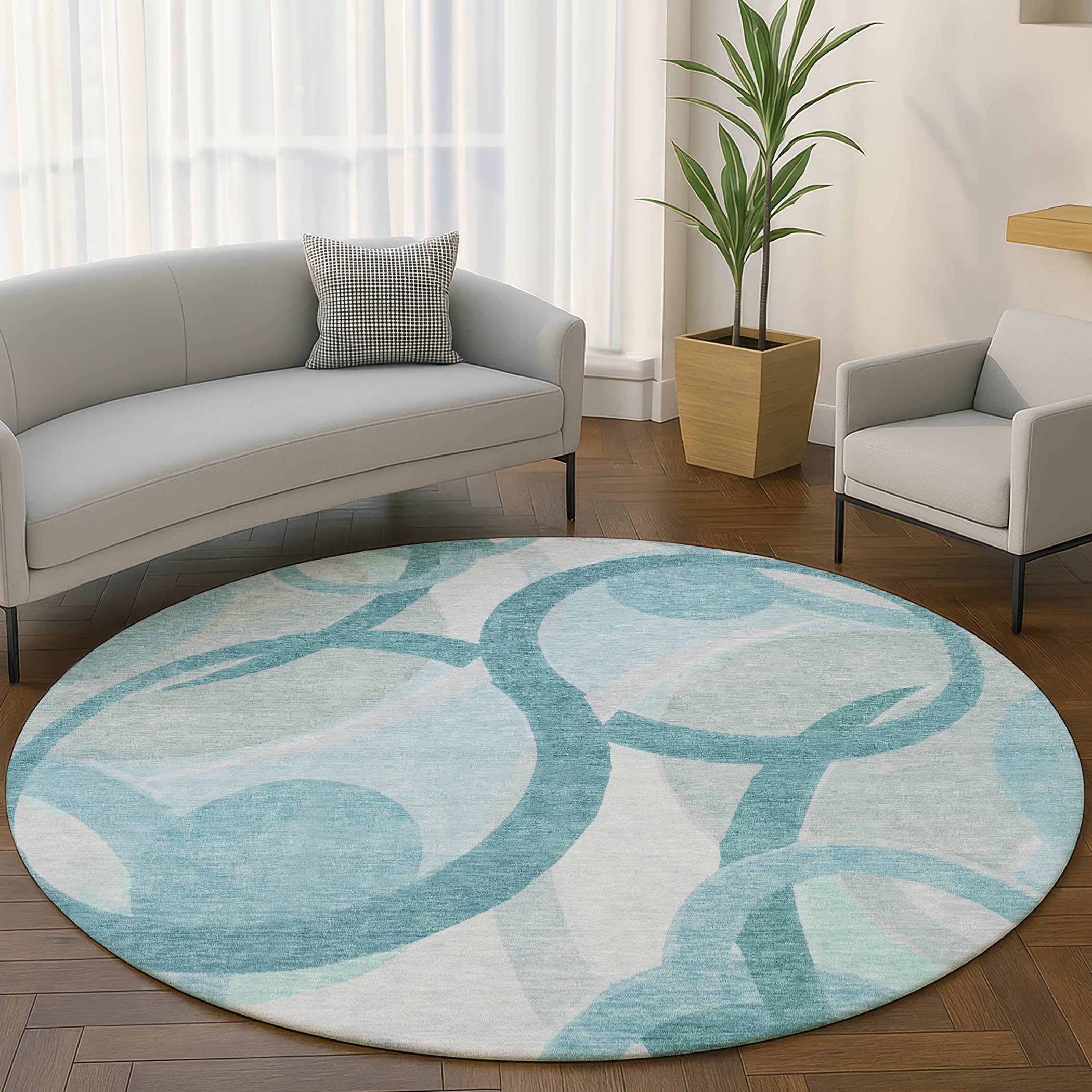 Chiang Mai Machine Washable Transitional Teal Rug 8' x 8' #shape_Round