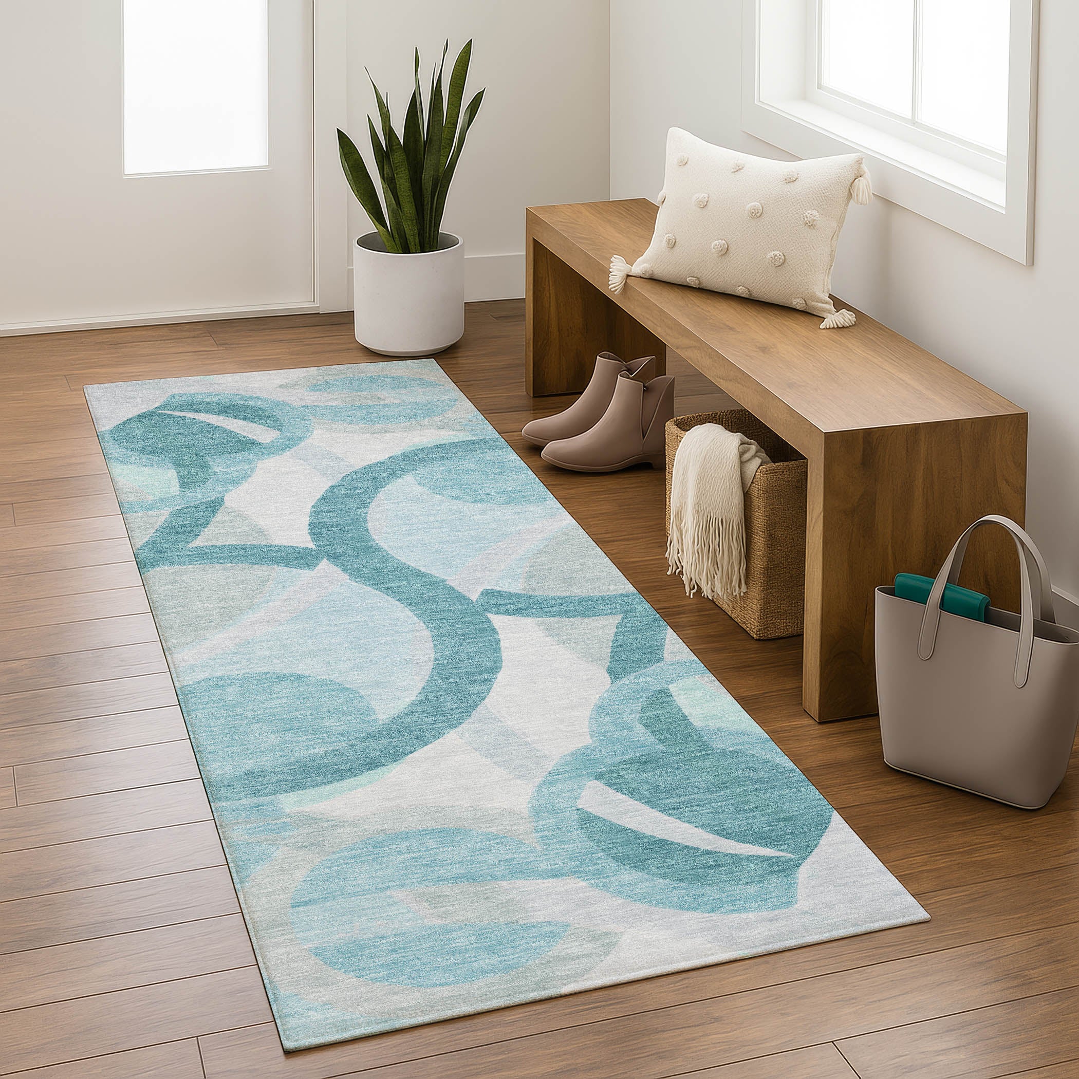 Chiang Mai Machine Washable Transitional Teal Rug 2'3" x 7'6" #shape_Runner
