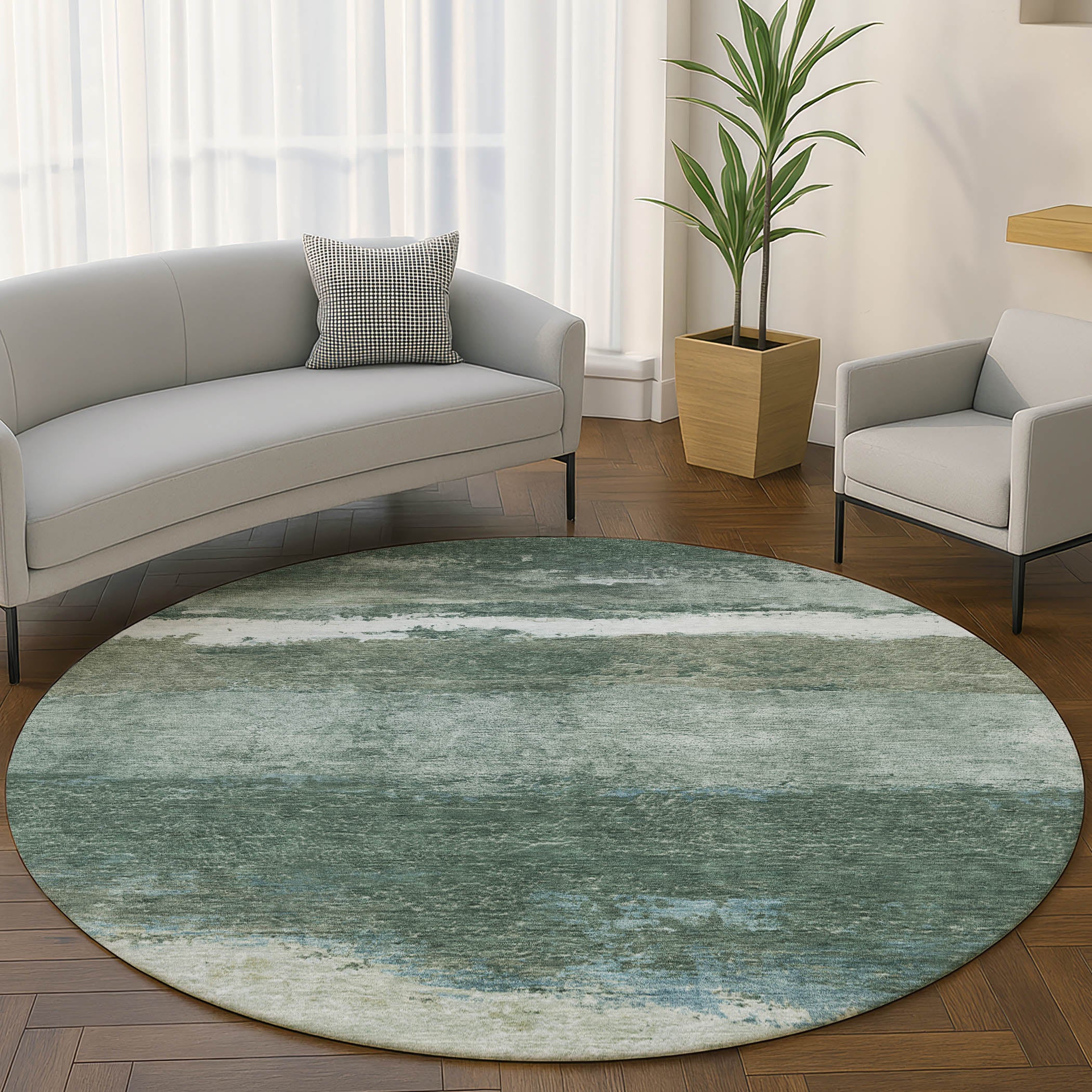 Lucerne Machine Washable Transitional Aloe Green Rug 8' x 8' #shape_Round